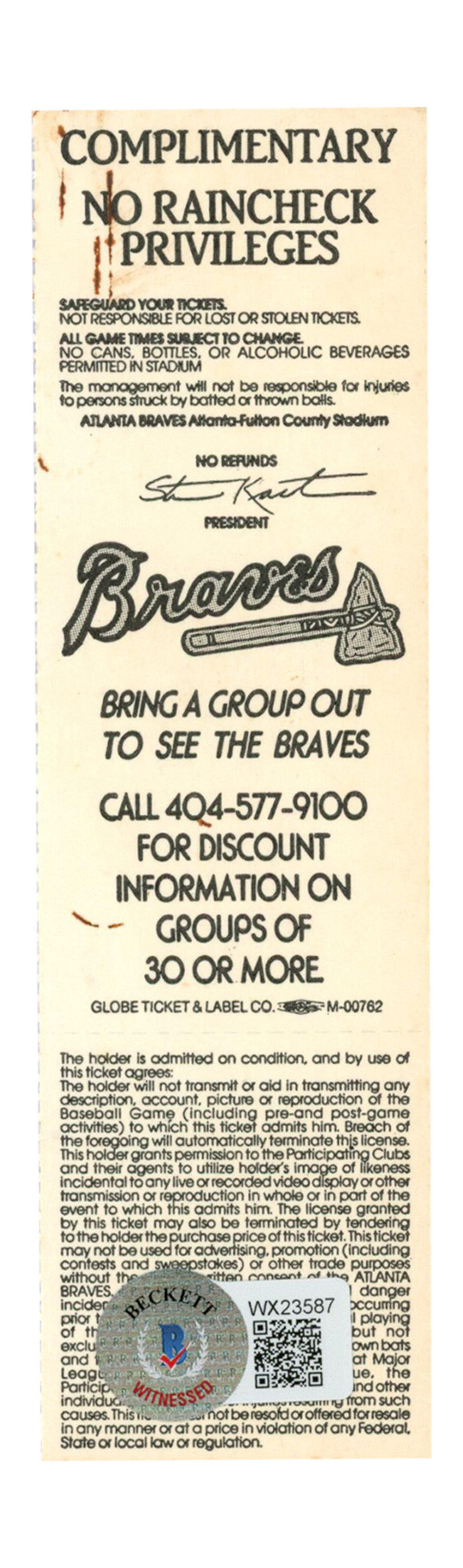 Deion Sanders Signed Atlanta Braves 5/4/1991 vs Cubs Full Ticket BAS