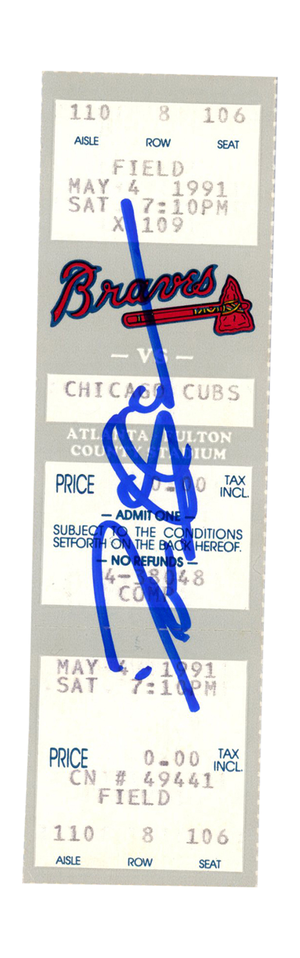 Deion Sanders Signed Atlanta Braves 5/4/1991 vs Cubs Full Ticket BAS