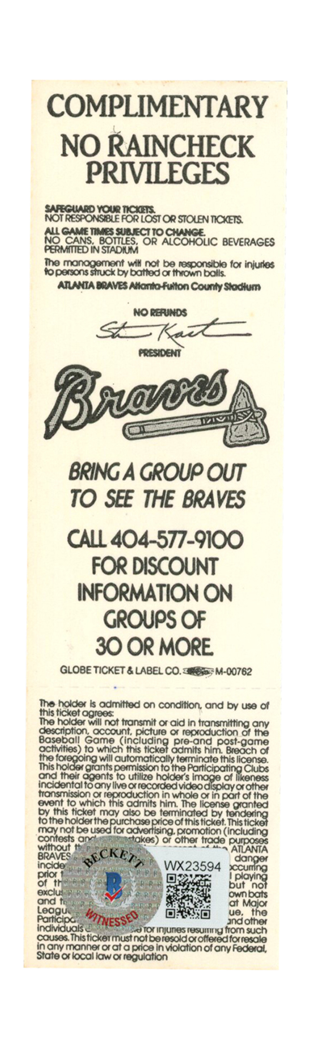 Deion Sanders Signed Atlanta Braves 5/4/1991 vs Cubs Full Ticket BAS