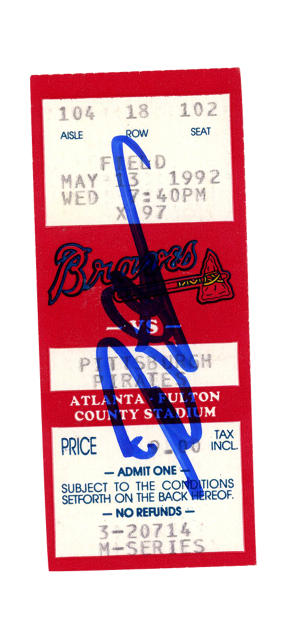 Deion Sanders Signed Atlanta Braves 5/13/1992 vs Pirates Ticket BAS