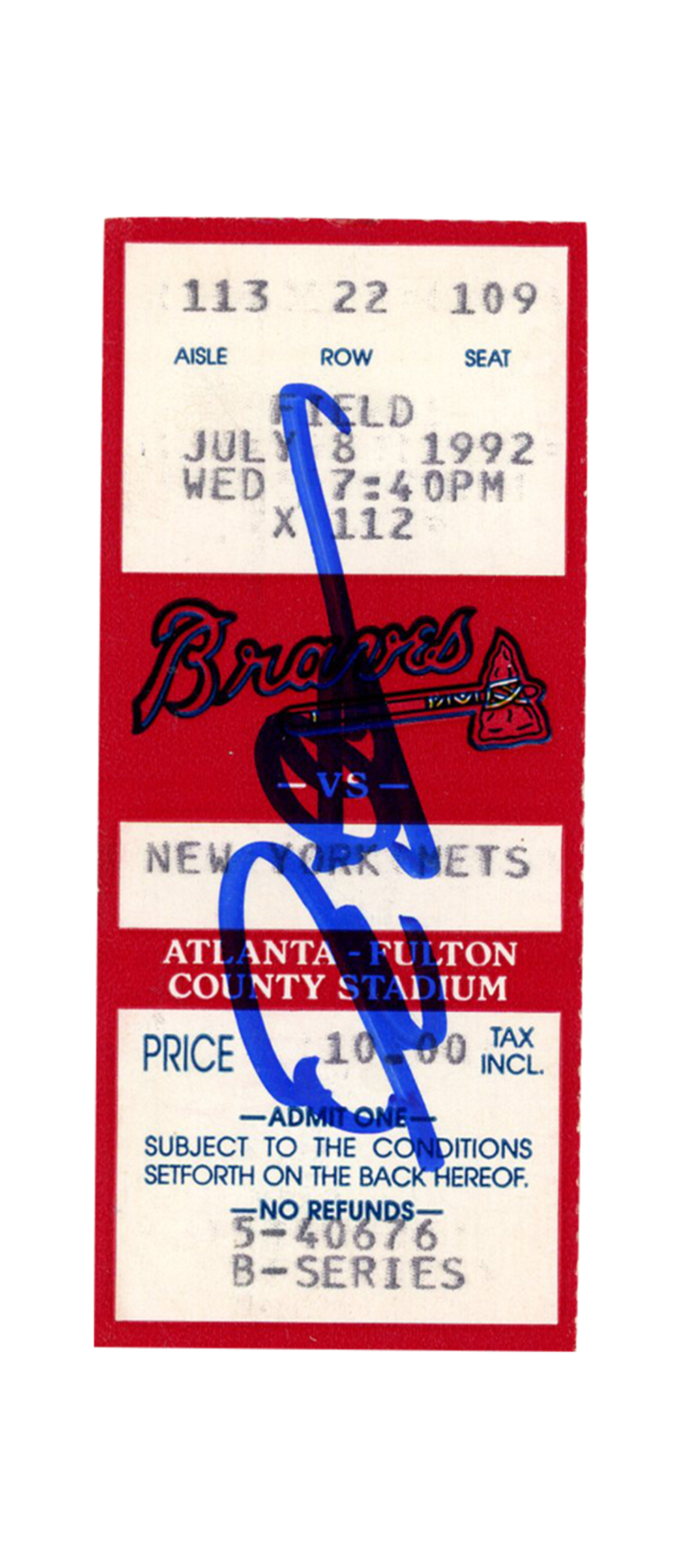 Deion Sanders Signed Atlanta Braves 7/8/1992 vs Mets Ticket BAS