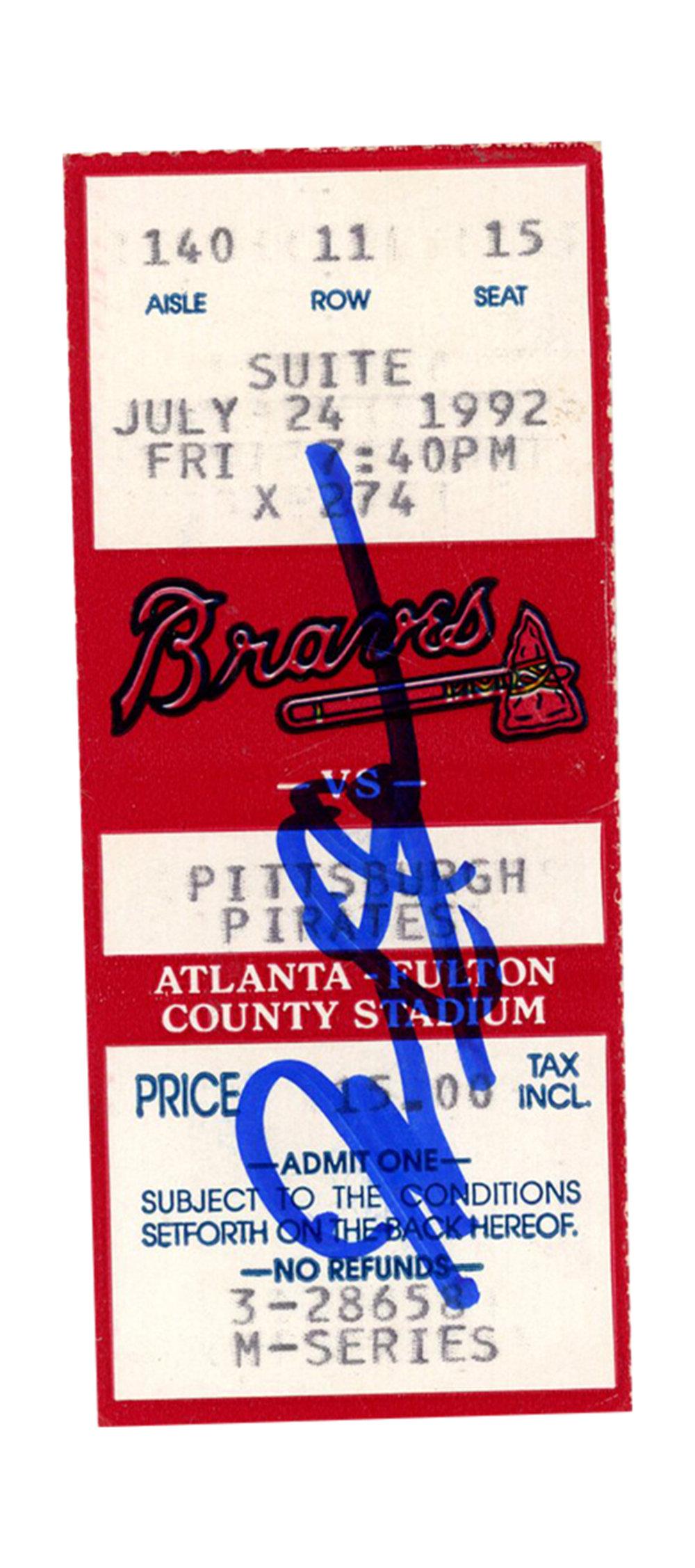 Deion Sanders Signed Atlanta Braves 7/24/1992 vs Pirates Ticket BAS