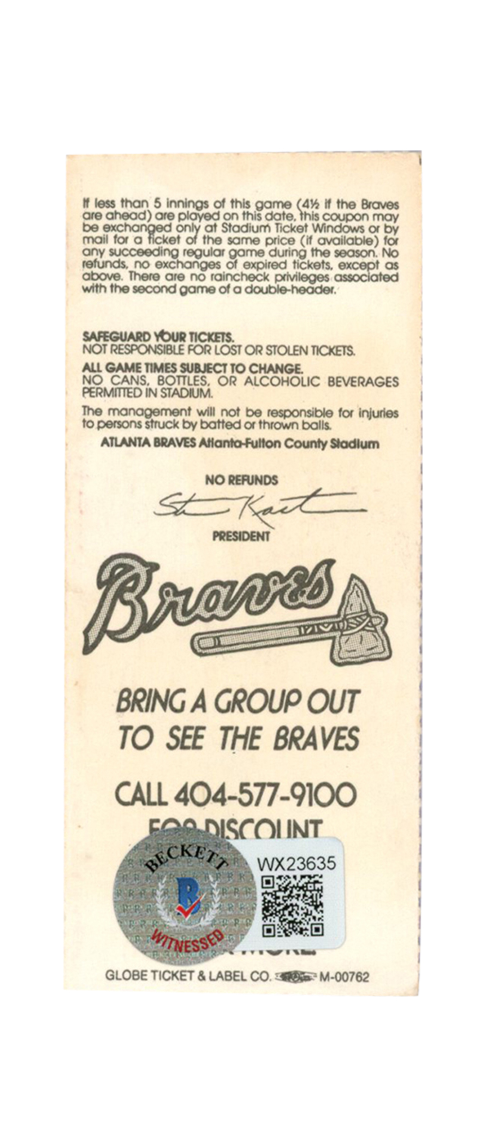 Deion Sanders Signed Atlanta Braves 7/24/1992 vs Pirates Ticket BAS