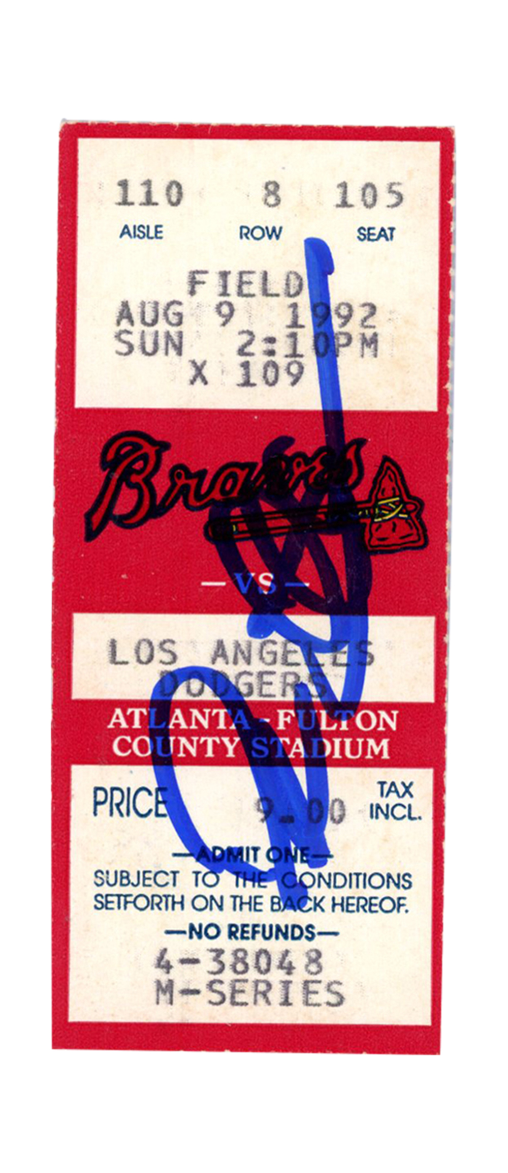 Deion Sanders Signed Atlanta Braves 8/9/1992 @ Dodgers Ticket BAS