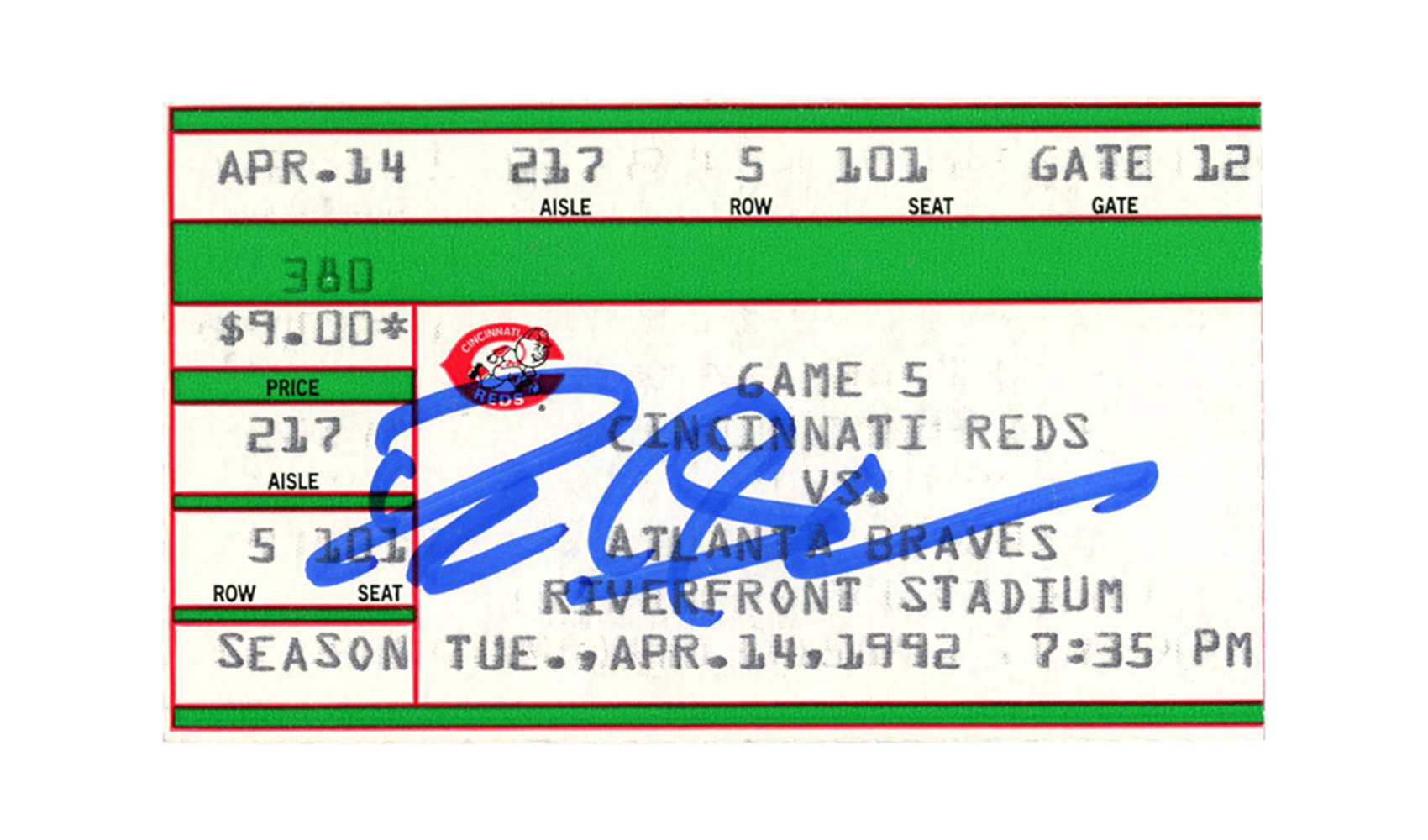 Deion Sanders Signed Atlanta Braves 4/14/1992 vs Reds Ticket BAS