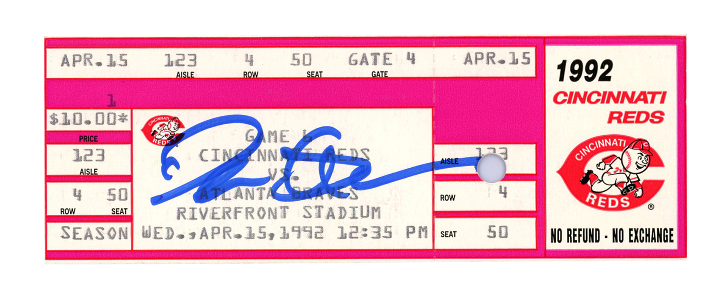 Deion Sanders Signed Atlanta Braves 4/15/1992 vs Reds Ticket BAS