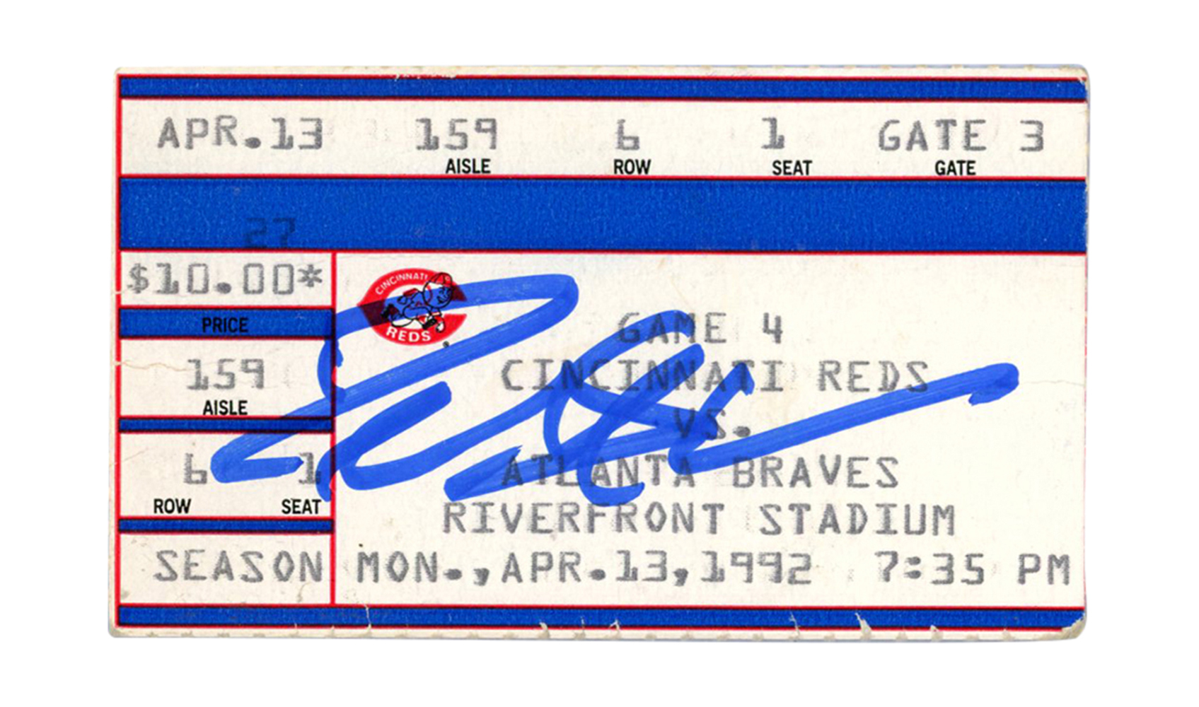 Deion Sanders Signed Atlanta Braves 4/13/1992 vs Reds Ticket BAS