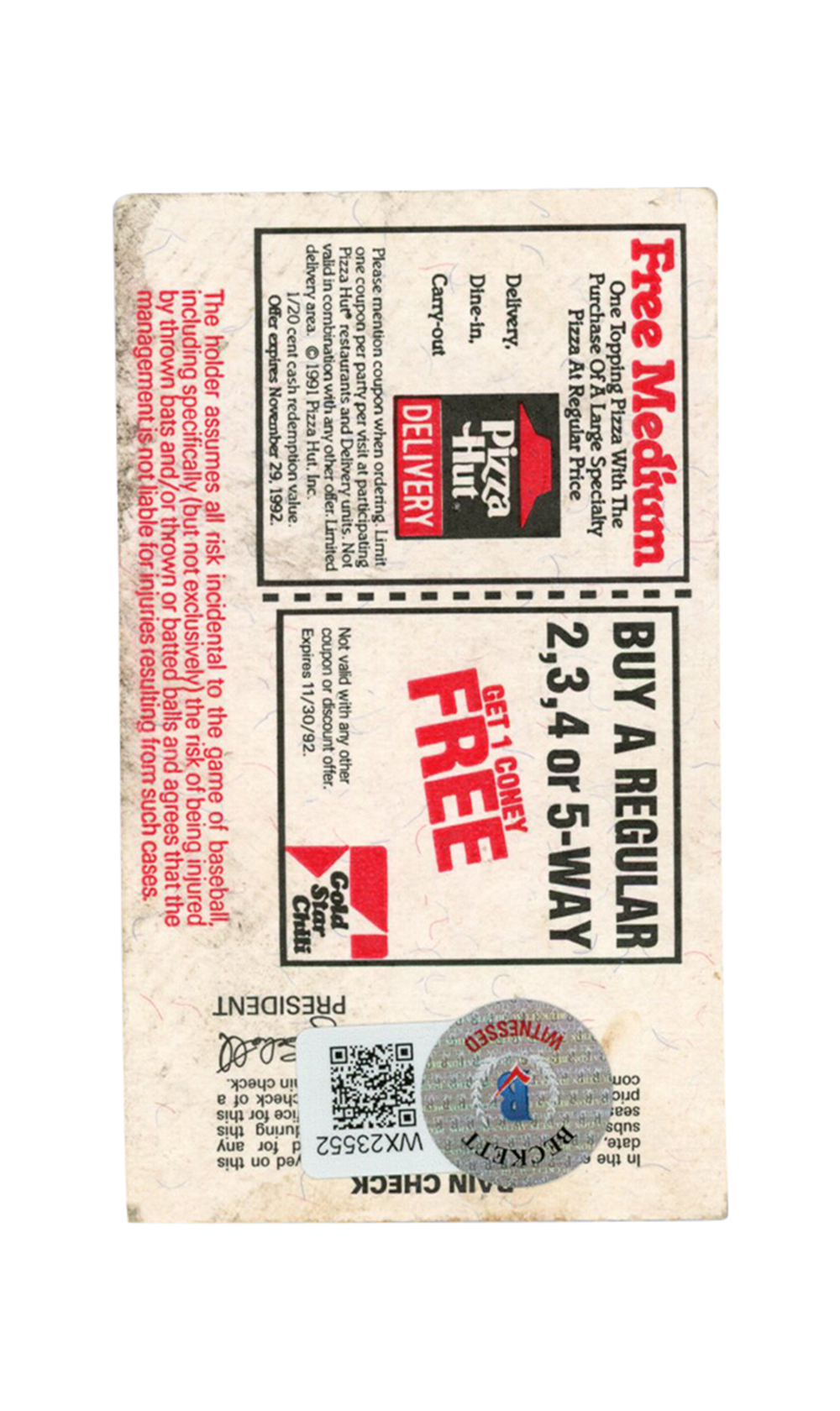 Deion Sanders Signed Atlanta Braves 4/13/1992 vs Reds Ticket BAS