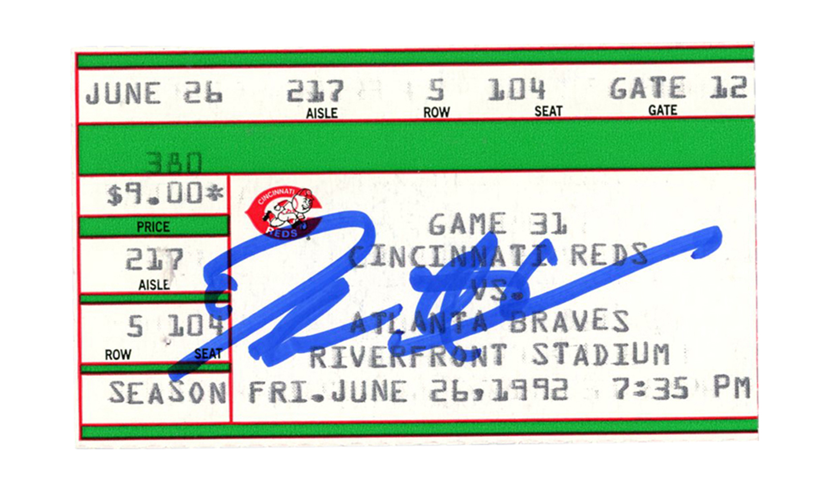 Deion Sanders Signed Atlanta Braves 6/26/1992 vs Reds Ticket BAS