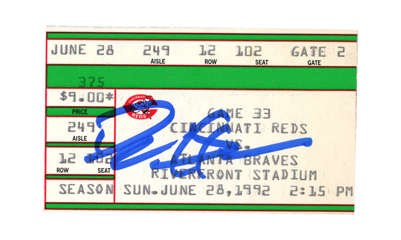 Deion Sanders Signed Atlanta Braves 6/28/1992 vs Reds Ticket BAS