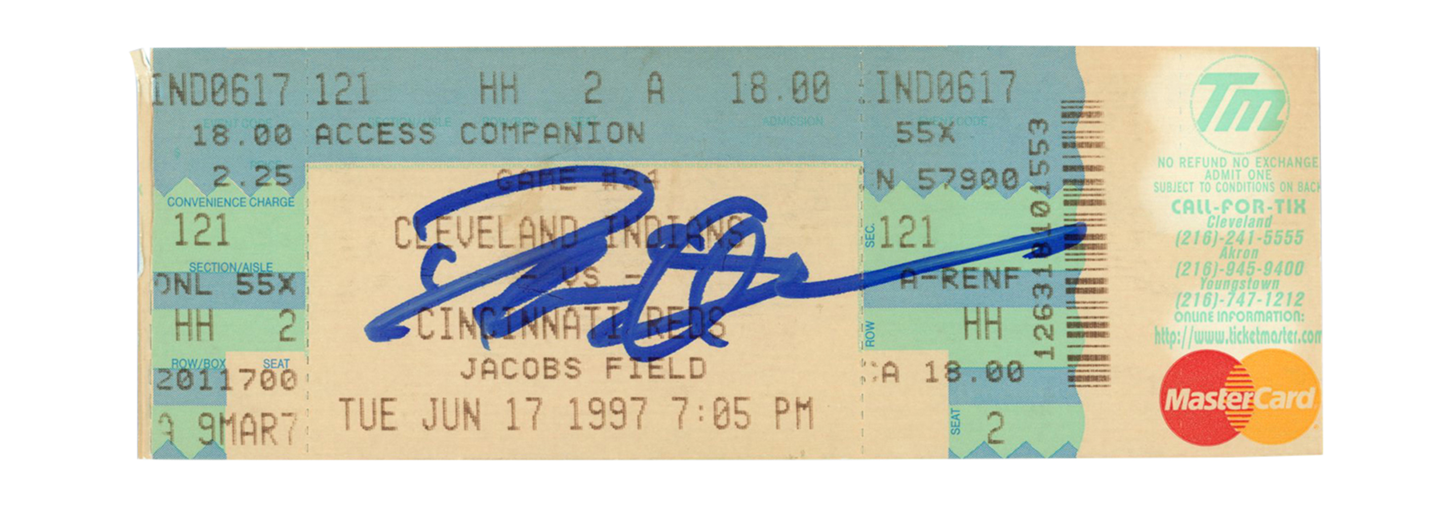 Deion Sanders Signed Cincinnati Reds 6/17/1997 @ Indians Ticket BAS