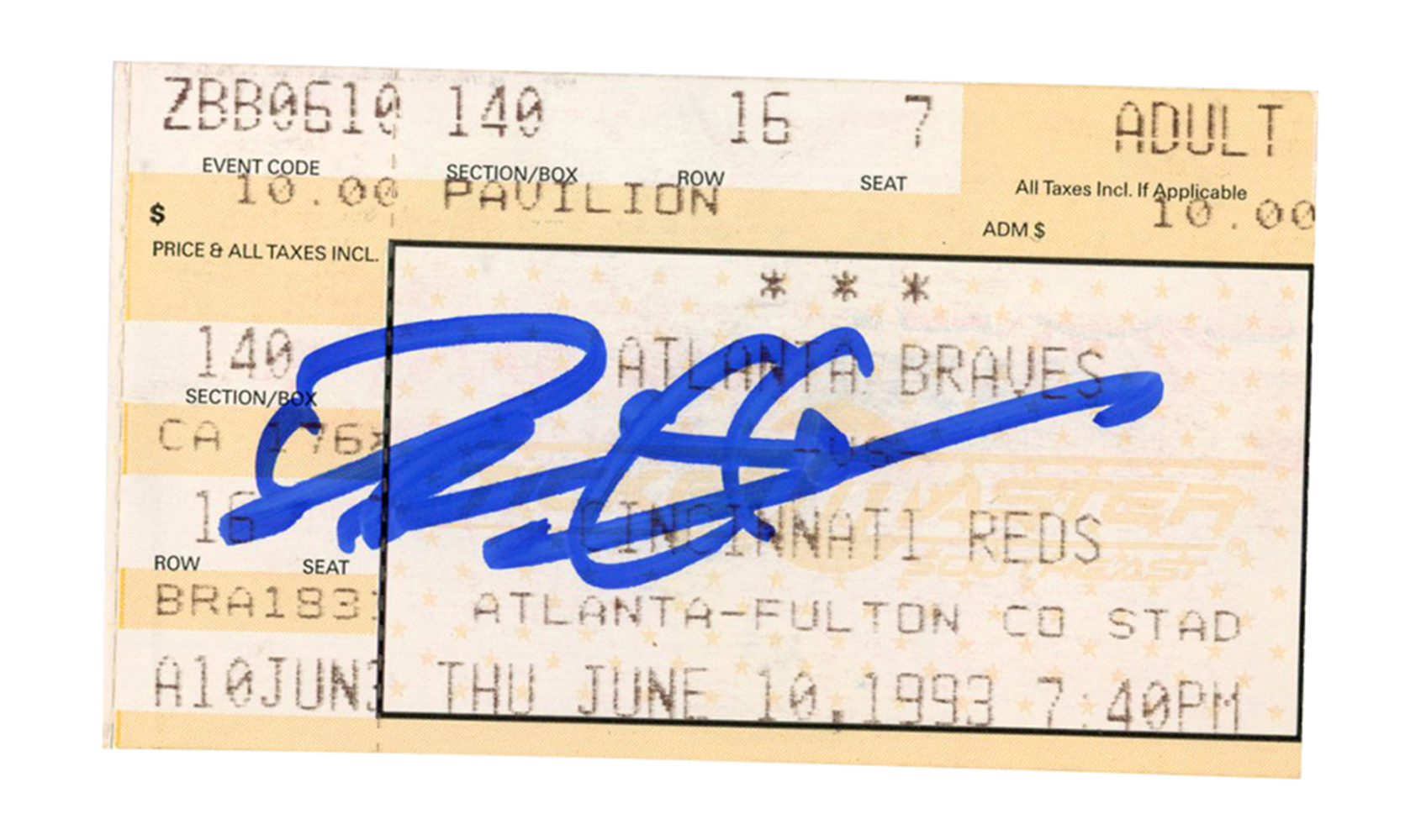Deion Sanders Autographed Atlanta Braves 6/10/1993 vs Reds Ticket BAS