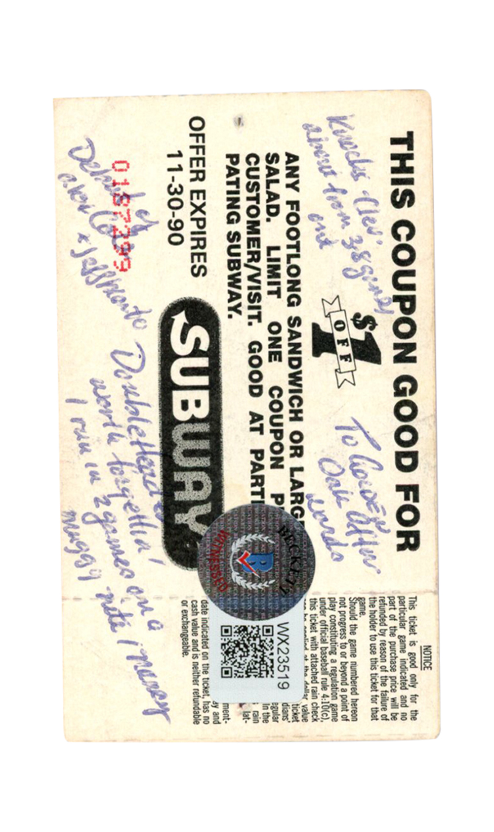 Deion Sanders Signed New York Yankees 7/27/1990 @ Indians Ticket BAS