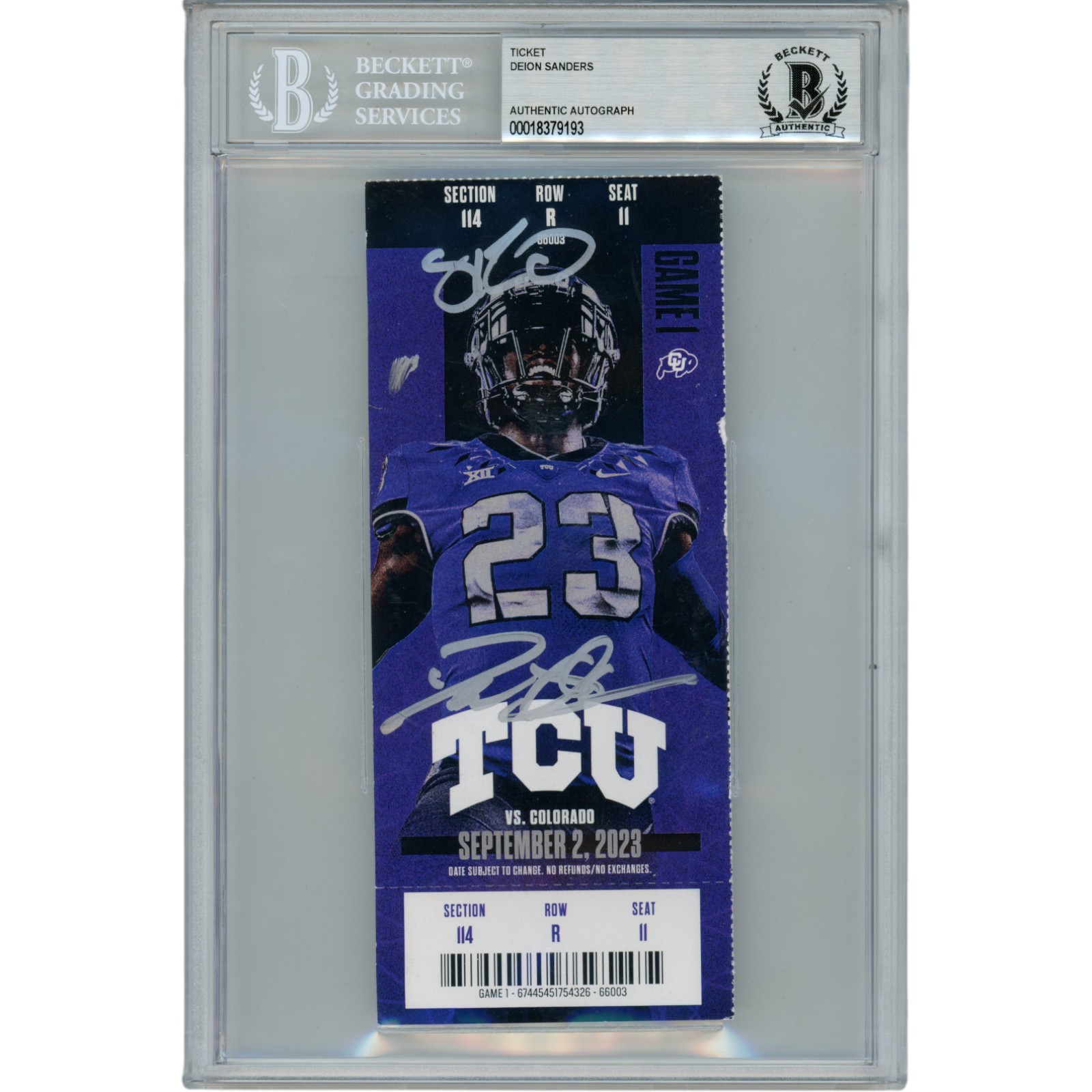 Deion Sanders Autographed Colorado Buffaloe Debut Win TCU Ticket Beckett 49669