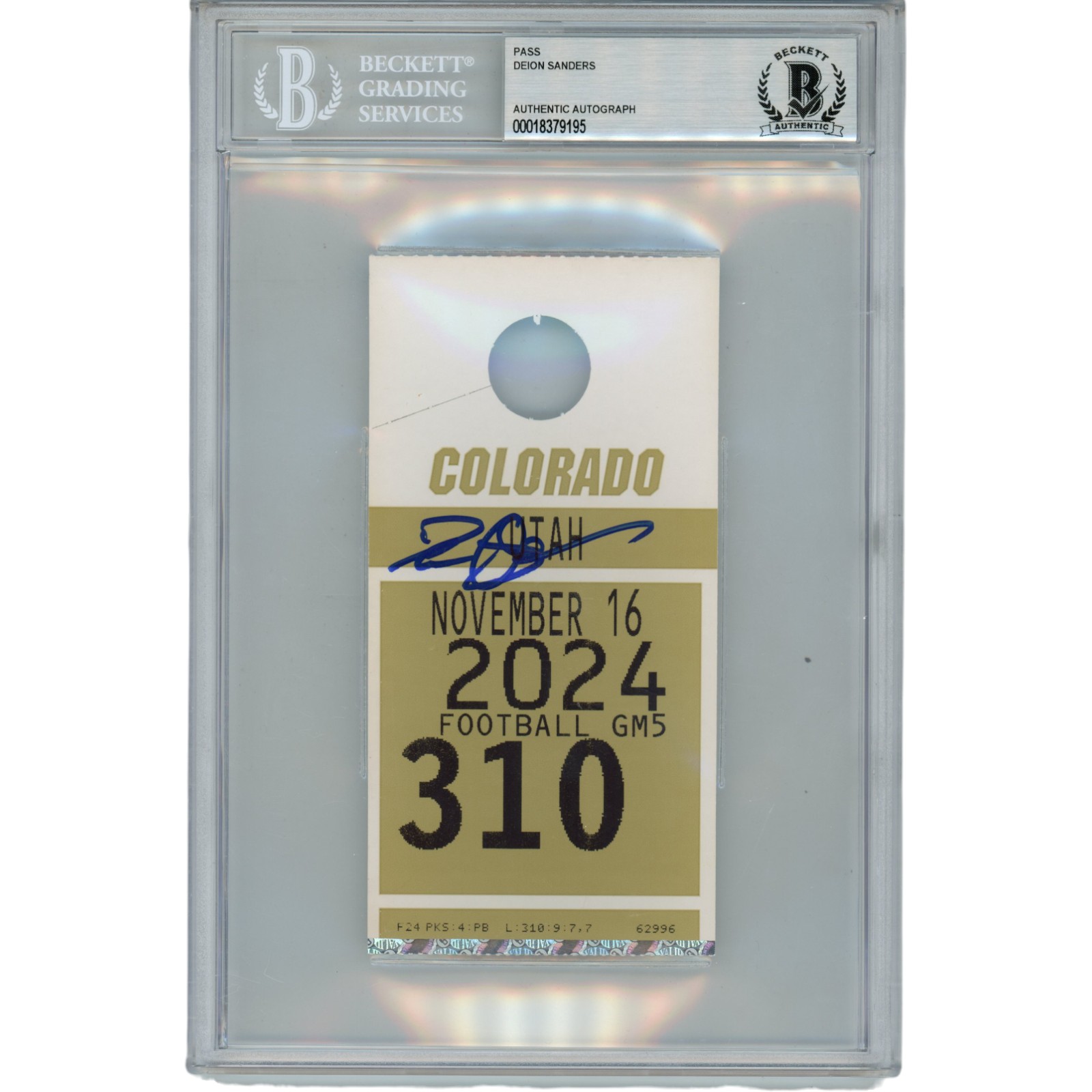 Deion Sanders Autographed Colorado Buffaloes Parking Pass Slab Beckett 49670