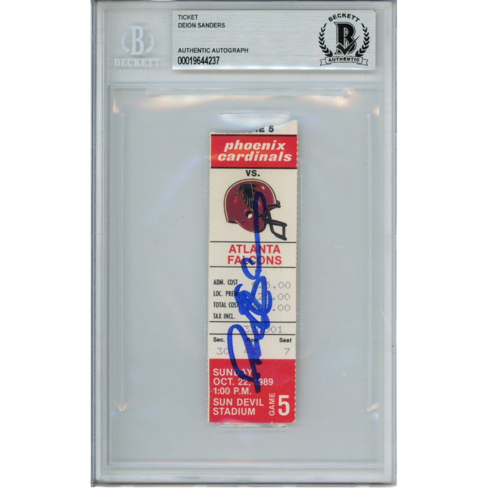 Deion Sanders Autographed Atlanta Falcons 1989 Slab Ticket Stub Beckett 53345