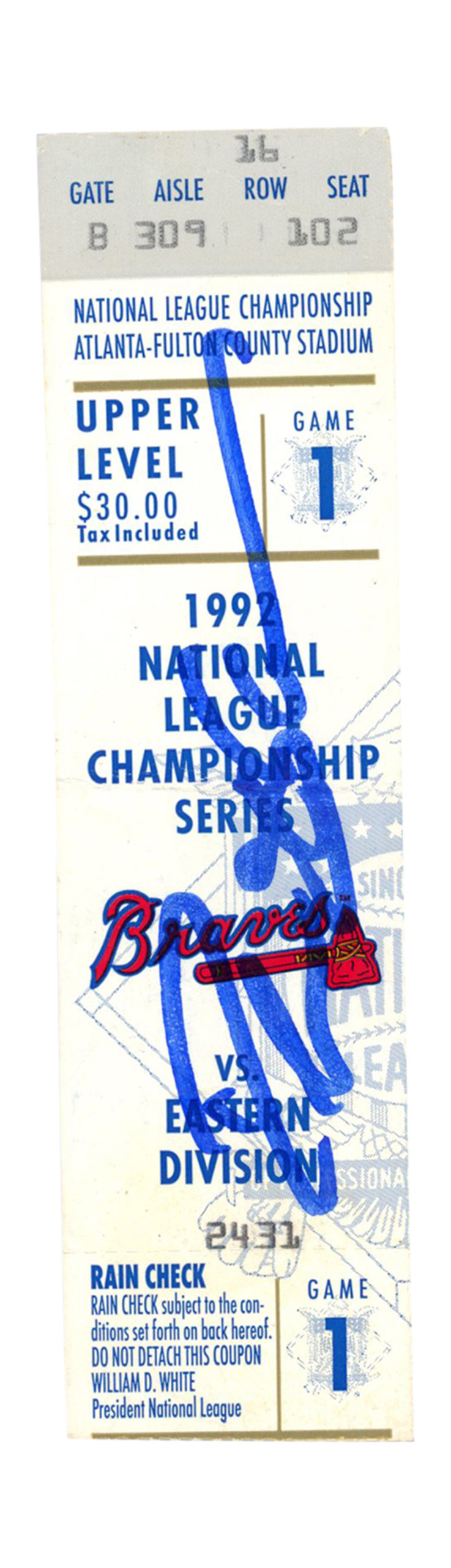 Deion Sanders Autographed Atlanta Braves 1992 NLCS Game 1 Ticket BAS