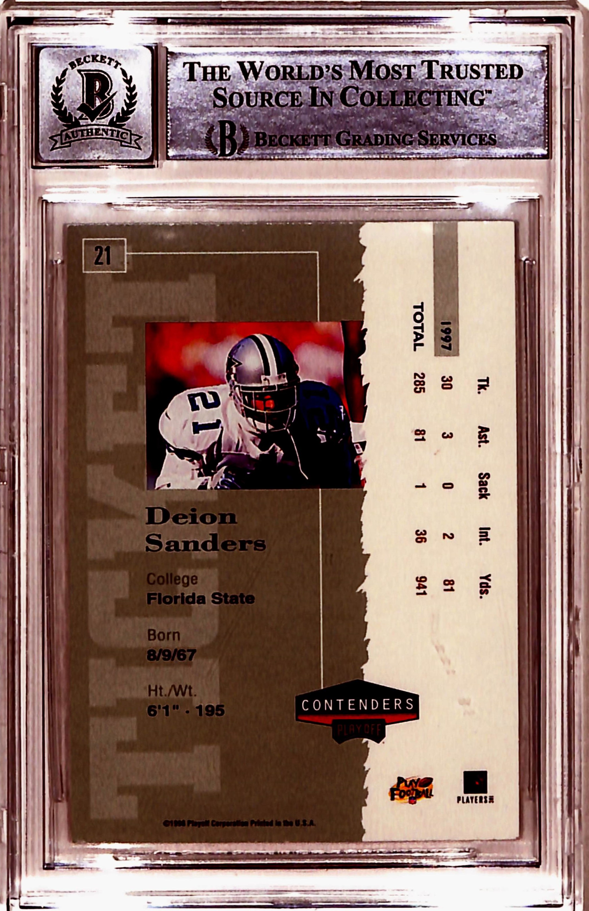 Deion Sanders Signed 1998 Contenders Ticket #21 Trading Card Slab Beckett 39630