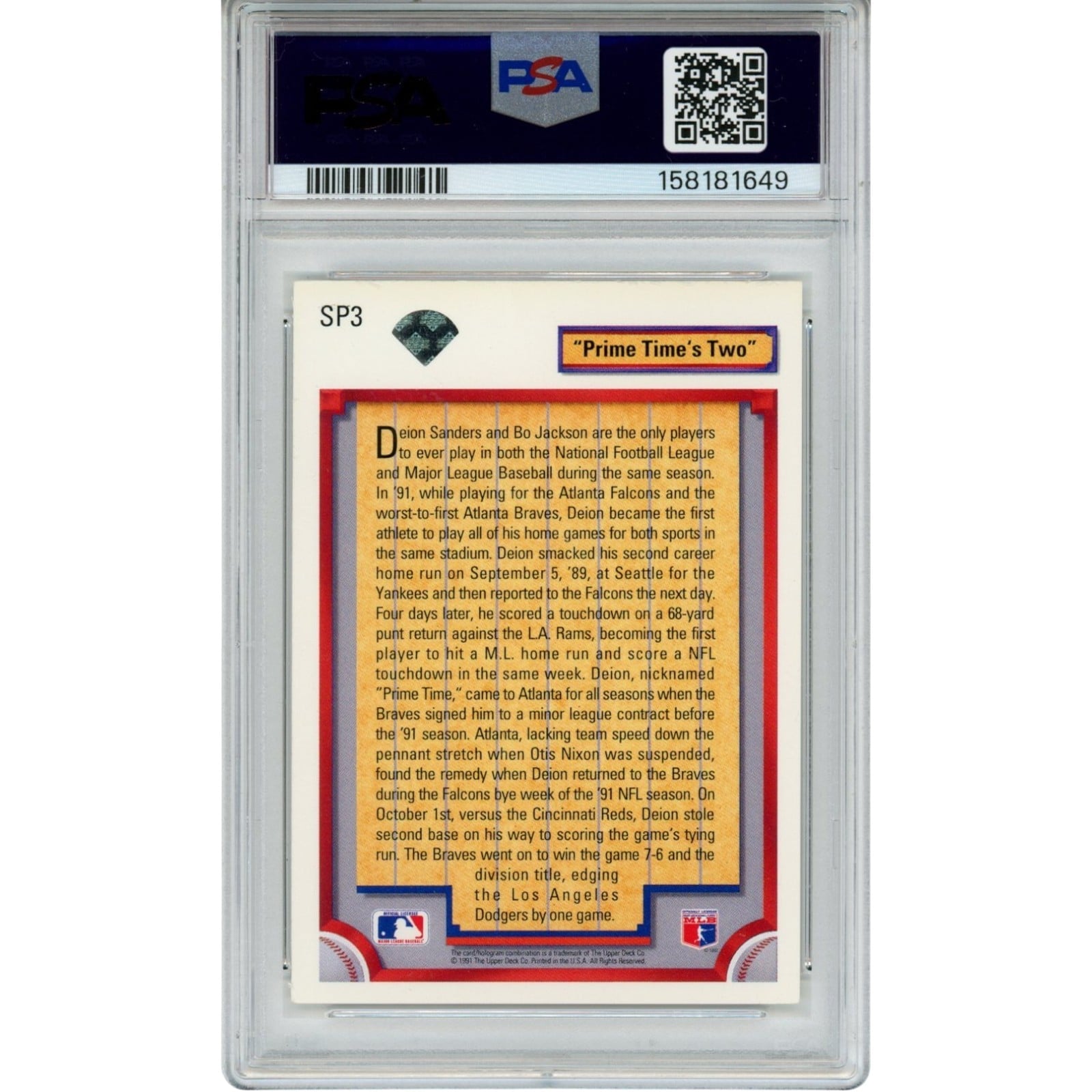 Deion Sanders Autographed/Signed Atlanta Falcons/Braves Trading Card PSA 55184