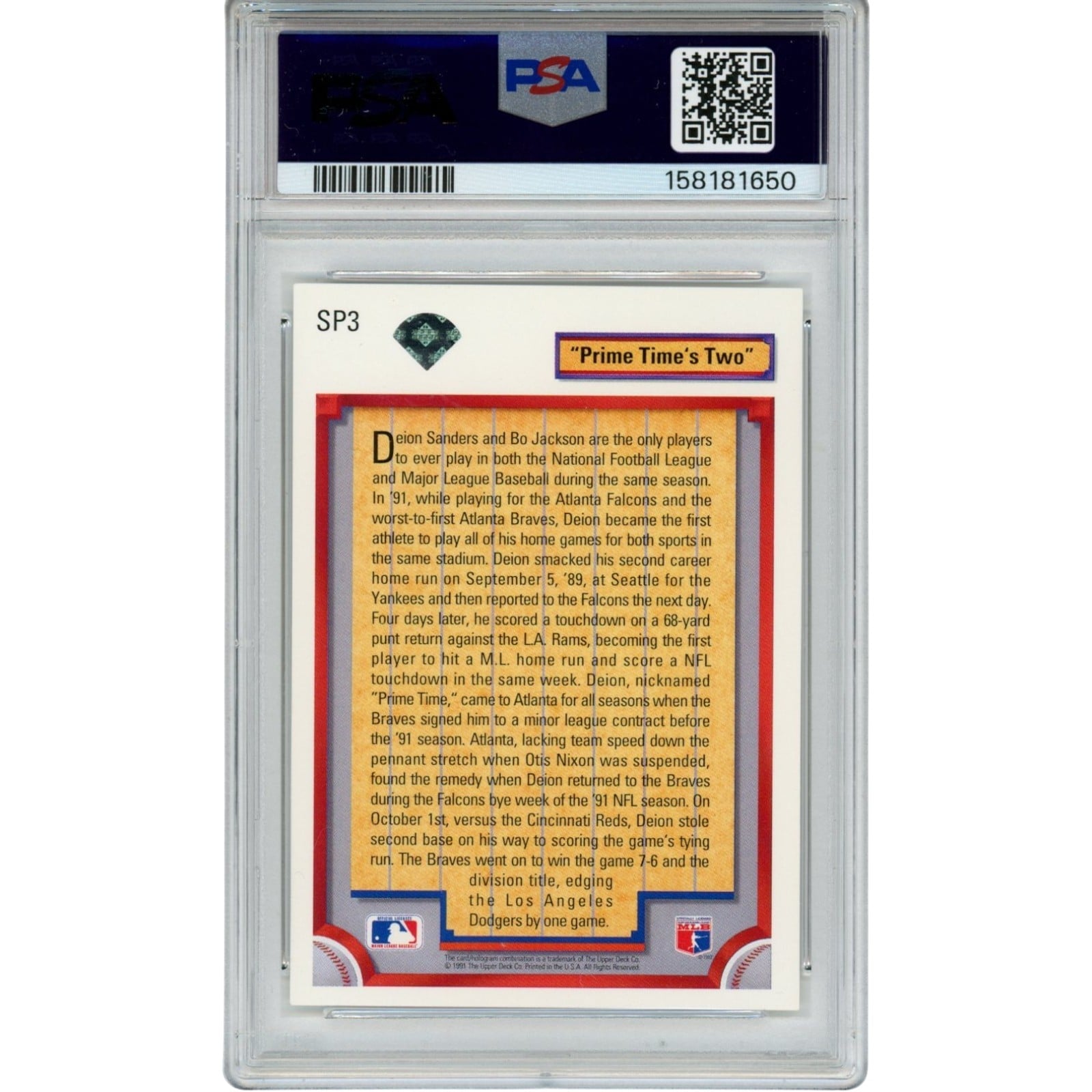 Deion Sanders Autographed/Signed Atlanta Falcons/Braves Trading Card PSA 55234