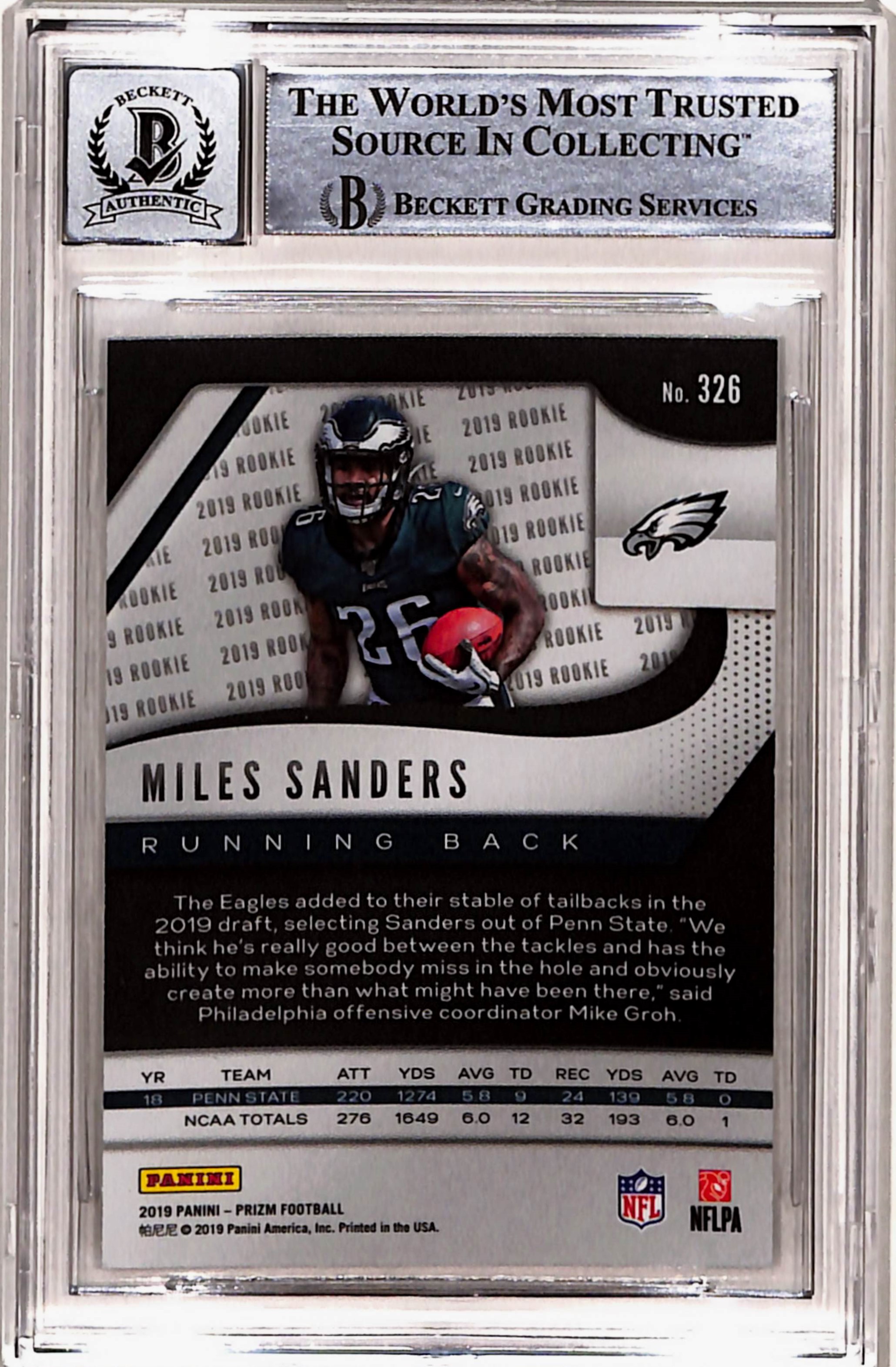 Miles Sanders Signed 2019 Prizm #326 Trading Card Slab Beckett 43290