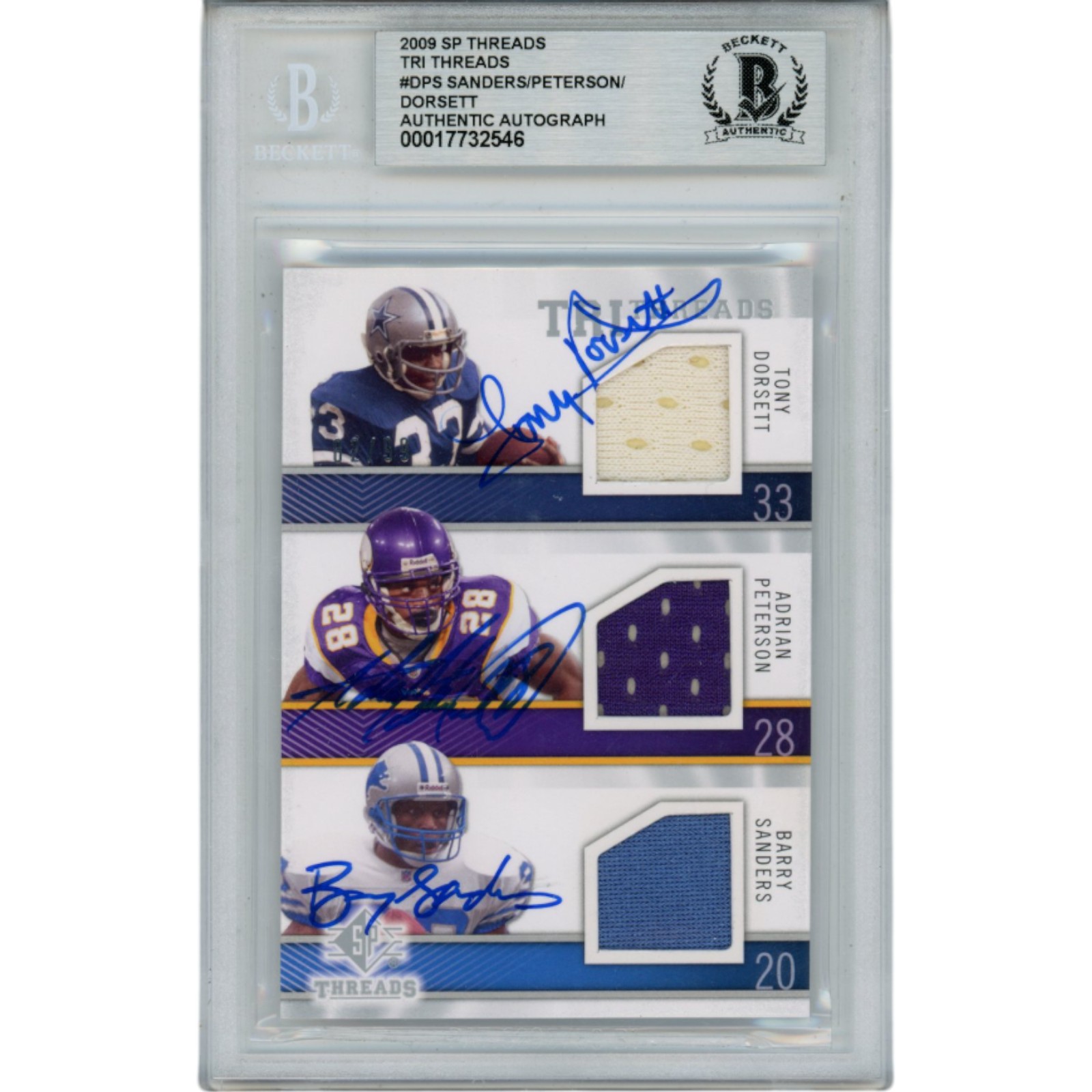 Barry Sanders Adrian Peterson Tony Dorsett Signed 09 UD SP Jersey /99 BAS 49819