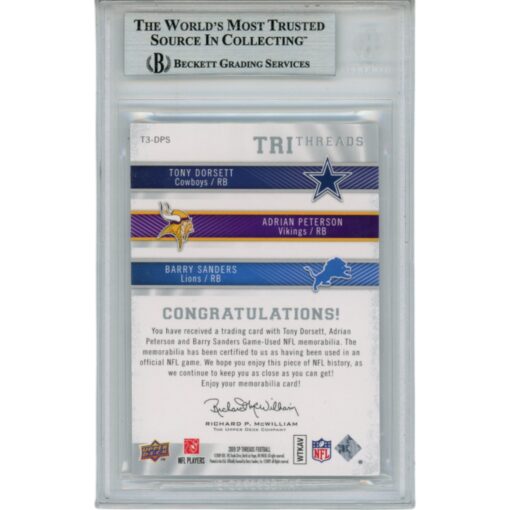 Barry Sanders Adrian Peterson Tony Dorsett Signed 09 UD SP Jersey /99 BAS 49819