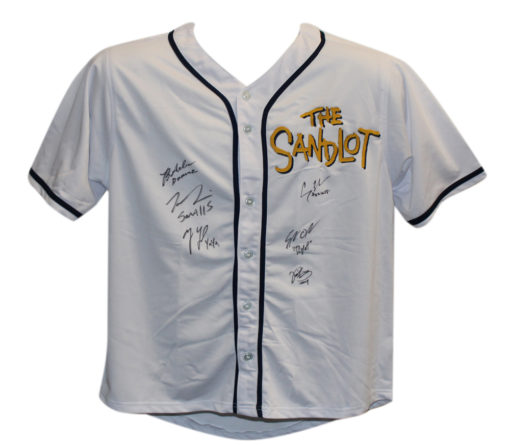 The Sandlot Autographed/Signed White XL Jersey 6 Sigs Tom Guiry BAS 25623