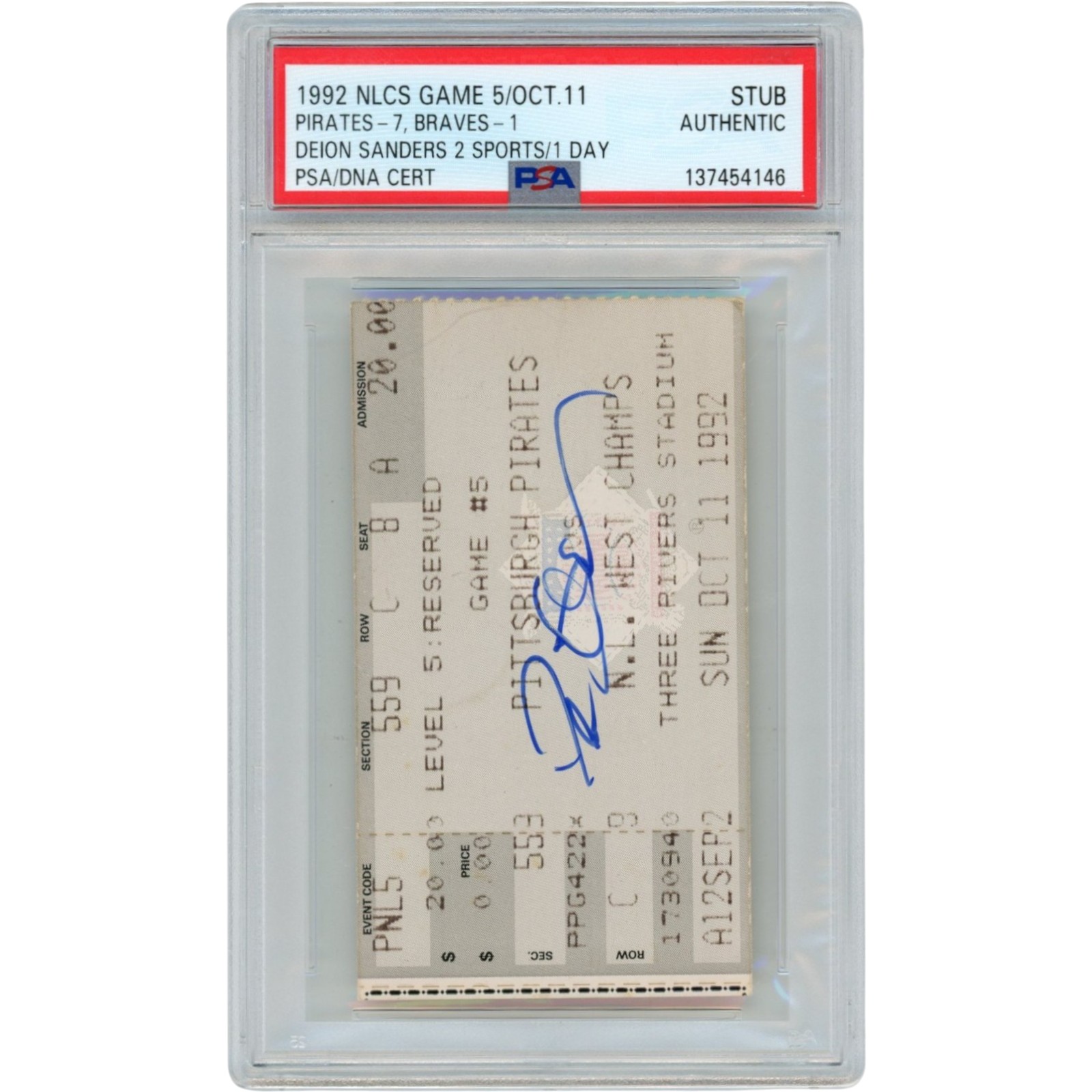 Deion Sanders Autographed Atlanta Braves 92 NLCS Gm 5 Ticket PSA Slab 51737
