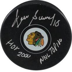 Denis Savard Signed Chicago Blackhawks Logo Puck NHL Top 100 HOF Beckett 53963