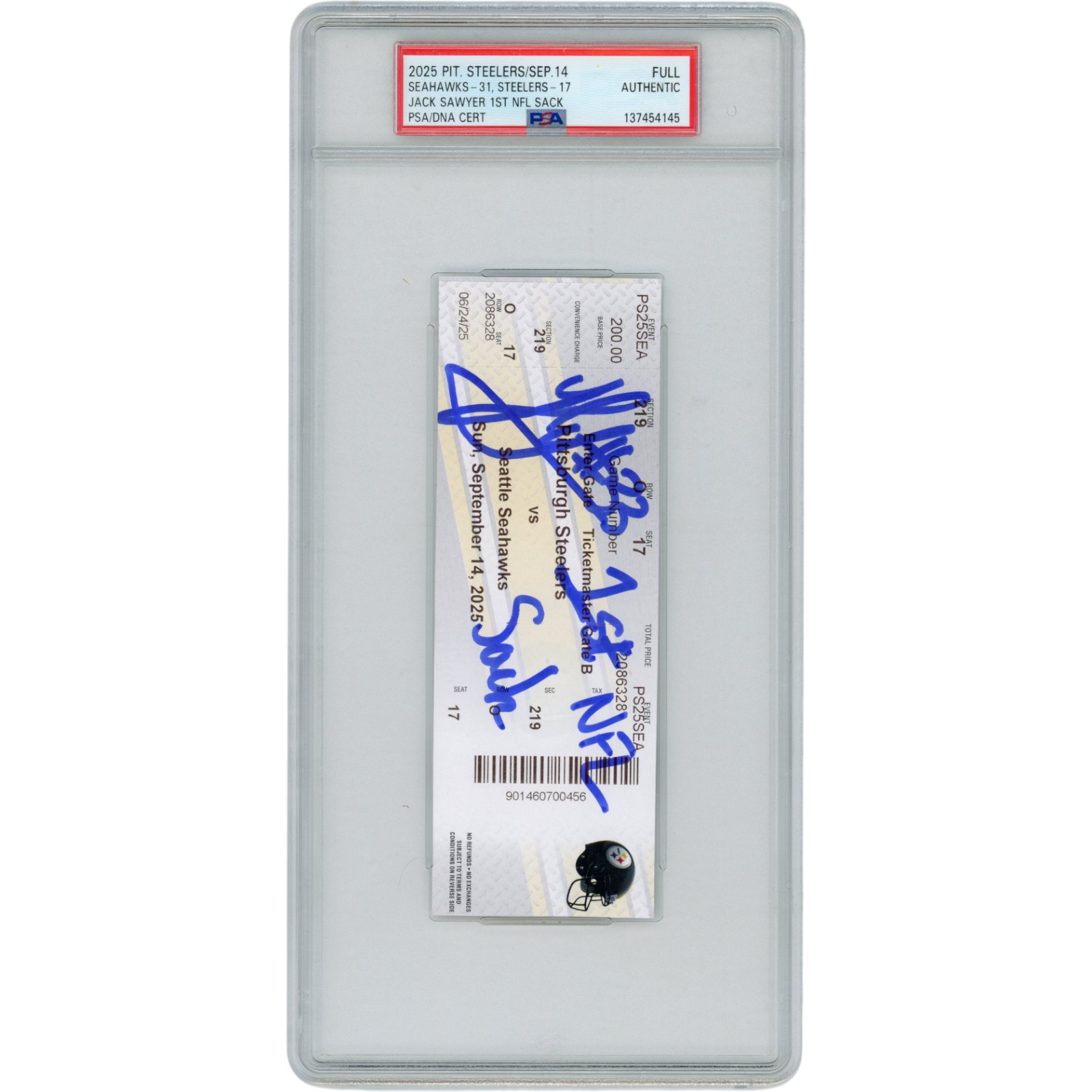Jack Sawyer Autographed Pittsburgh Steelers 1st NFL Sack Ticket PSA Slab 53150