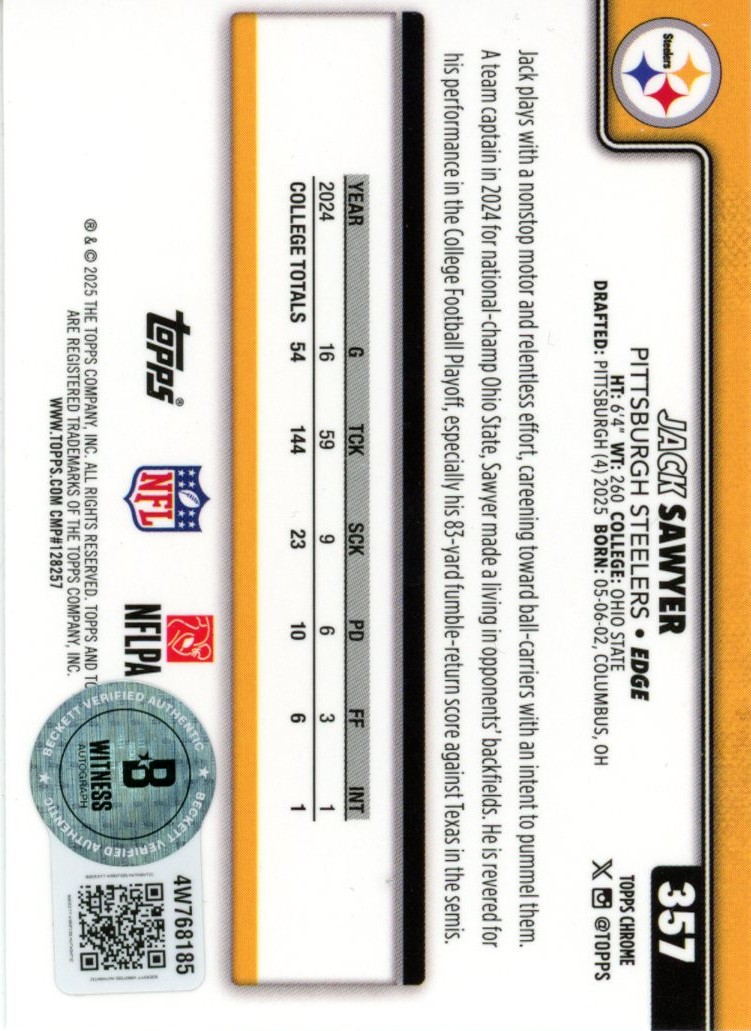 Jack Sawyer Autographed Steelers 2025 Topps Chrome #357 Card Beckett 56972 2 Jack Sawyer Autographed Steelers 2025 Topps Chrome #357 Card Beckett 56972