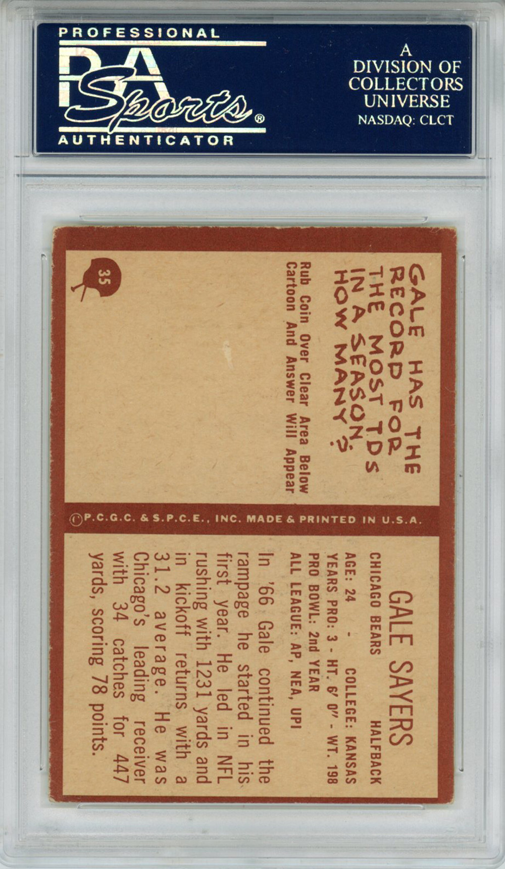 Gale Sayers Signed 1967 Philadelphia #35 Trading Card PSA Slab