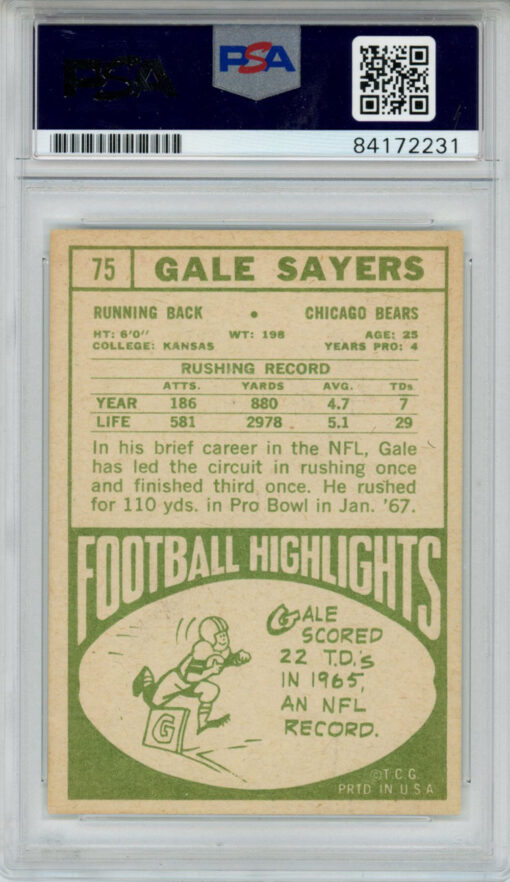Gale Sayers Signed 1968 Topps #75 Trading Card PSA Slab