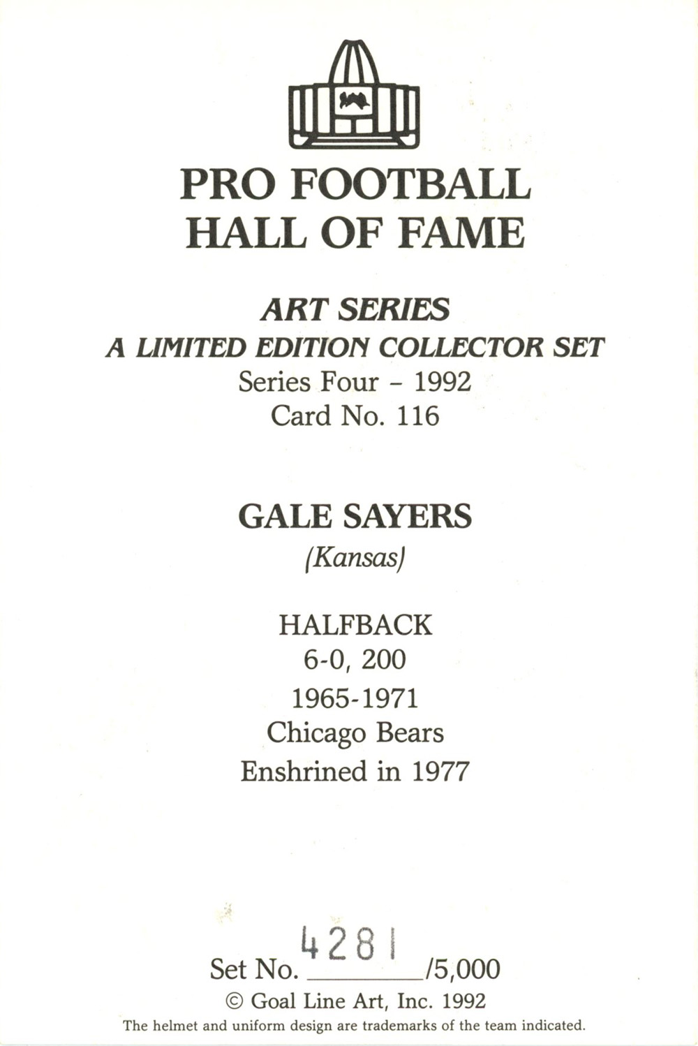 Gale Sayers 1992 Unsigned Series Four Goal Line Art Card Chicago Bears