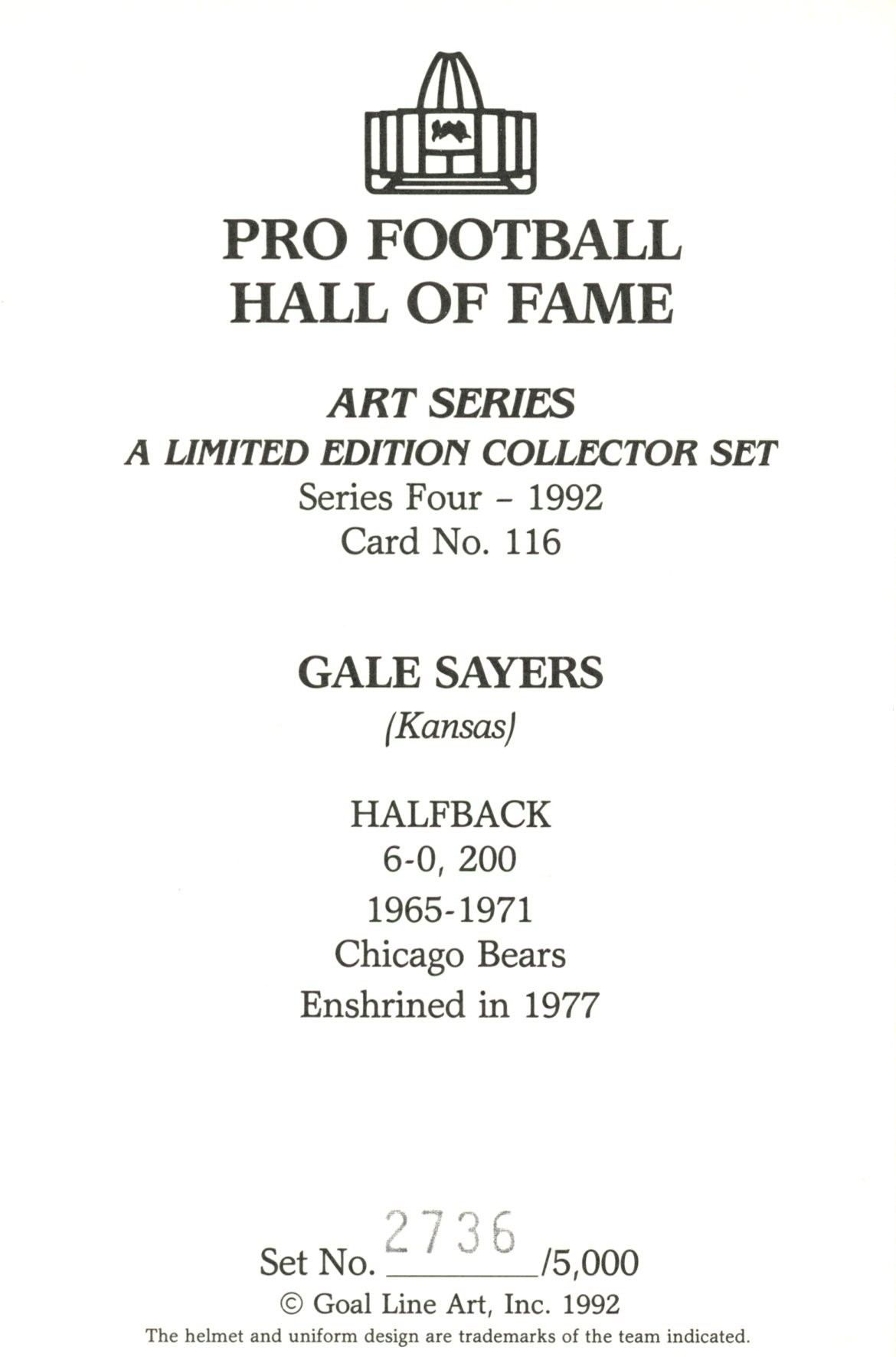 Gale Sayers Chicago Bears Goal Line Art Card Series 4 No Gale Sayers Chicago Bears Goal Line Art Card Series 4 No. 116 LE /5000 58151