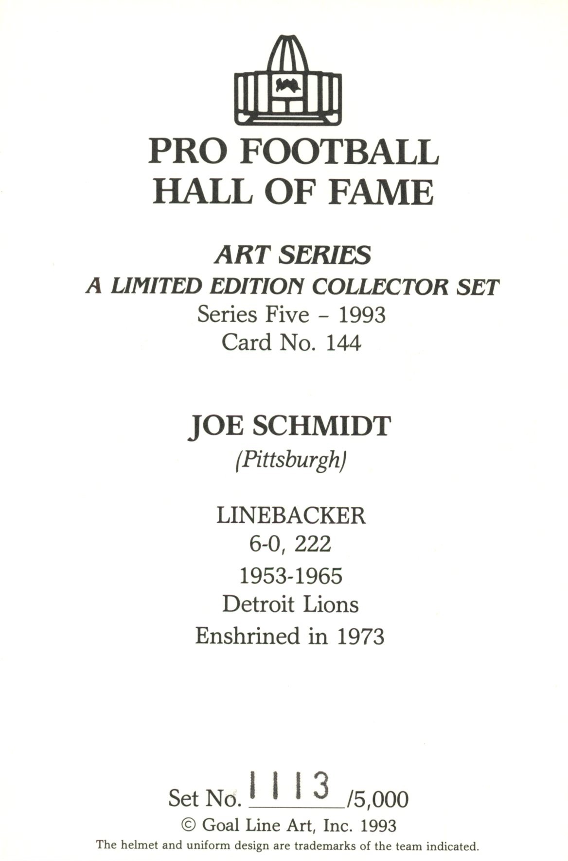 Joe Schmidt Detroit Lions Goal Line Art Card Series 5 No Joe Schmidt Detroit Lions Goal Line Art Card Series 5 No. 144 LE /5000 58152