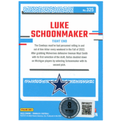 Luke Schoonmaker Autographed 2023 Donruss #325 Trading Card Beckett 59417