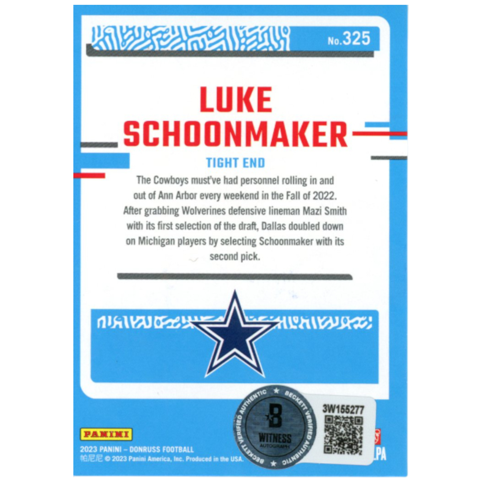 Luke Schoonmaker Autographed 2023 Donruss #325 Trading Card Beckett 59417 2 Luke Schoonmaker Autographed 2023 Donruss #325 Trading Card Beckett 59417