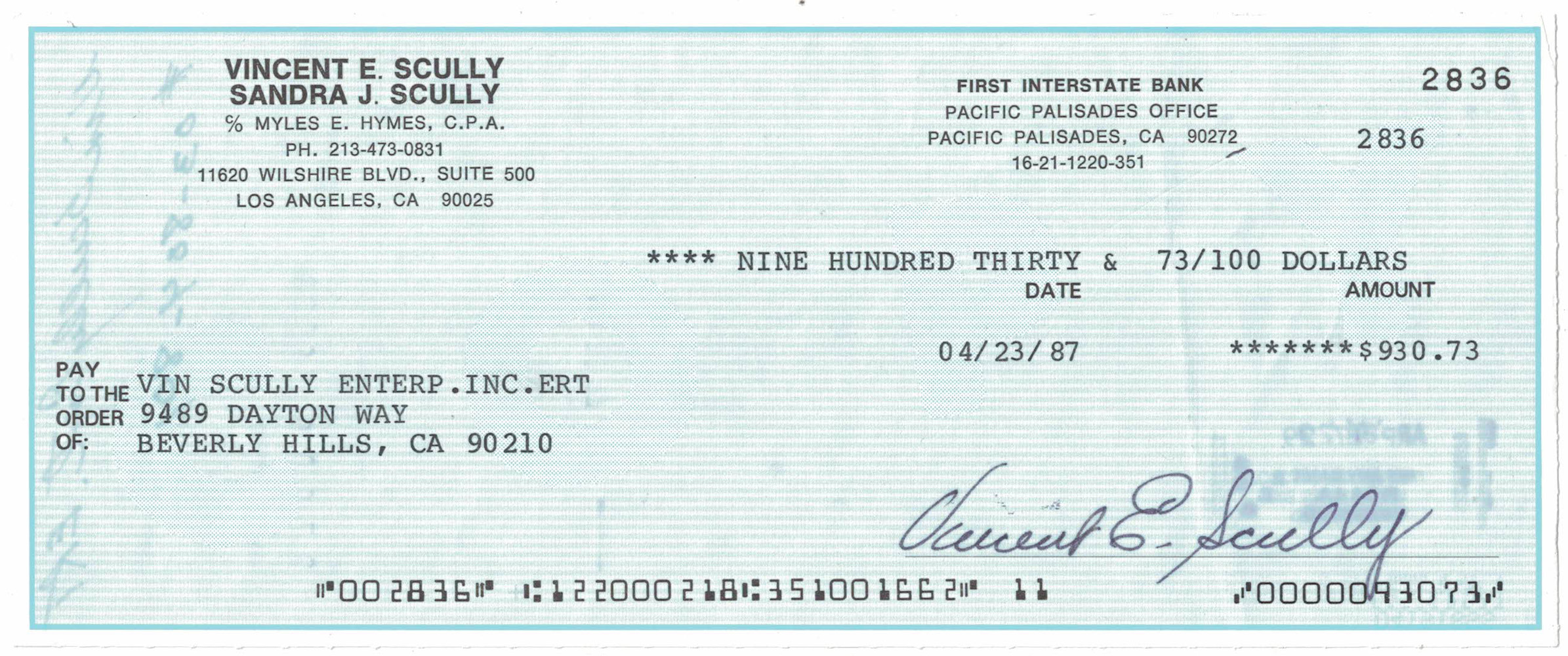 Vin Scully Signed 4/23/1987 First Interstate Bank Check