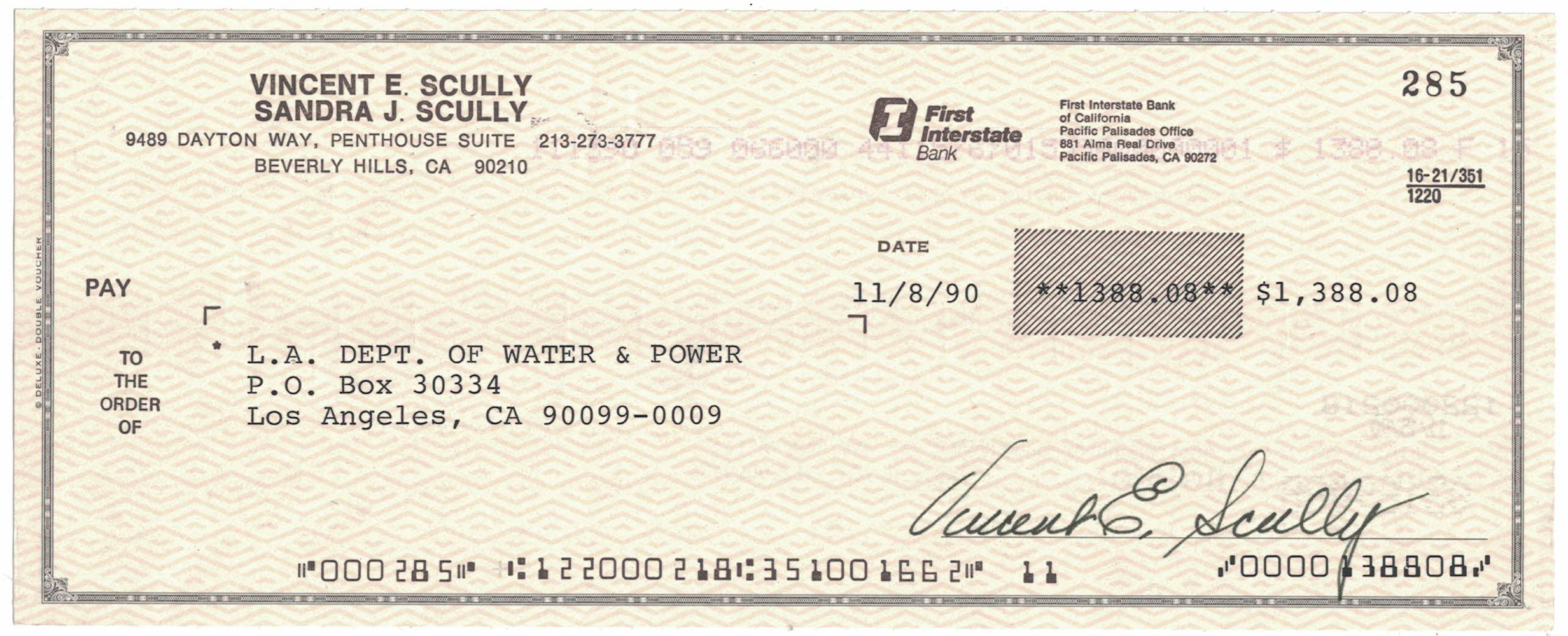 Vin Scully Signed 11/8/1990 First Interstate Bank Check