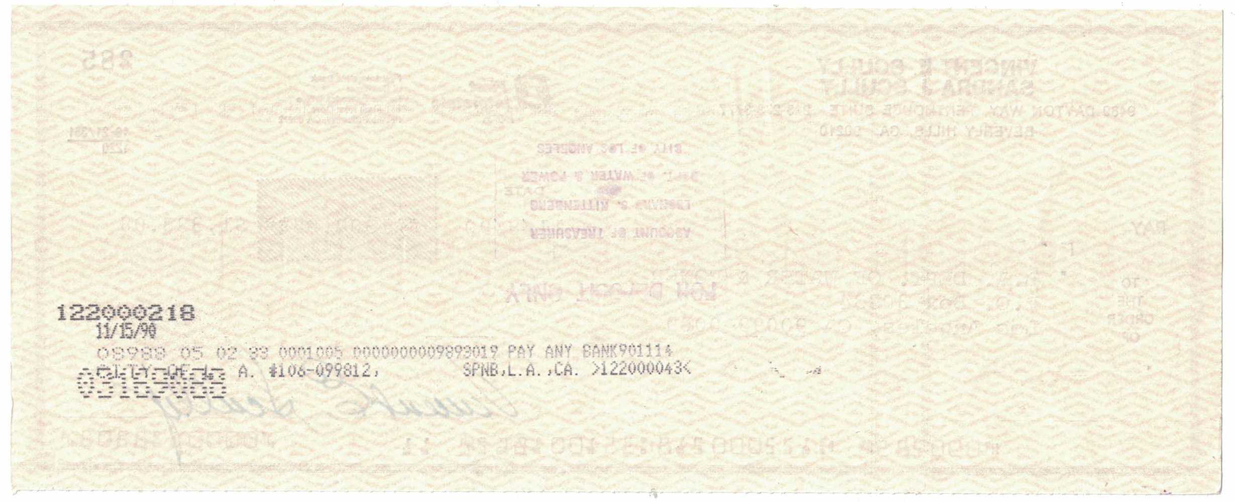 Vin Scully Signed 11/8/1990 First Interstate Bank Check