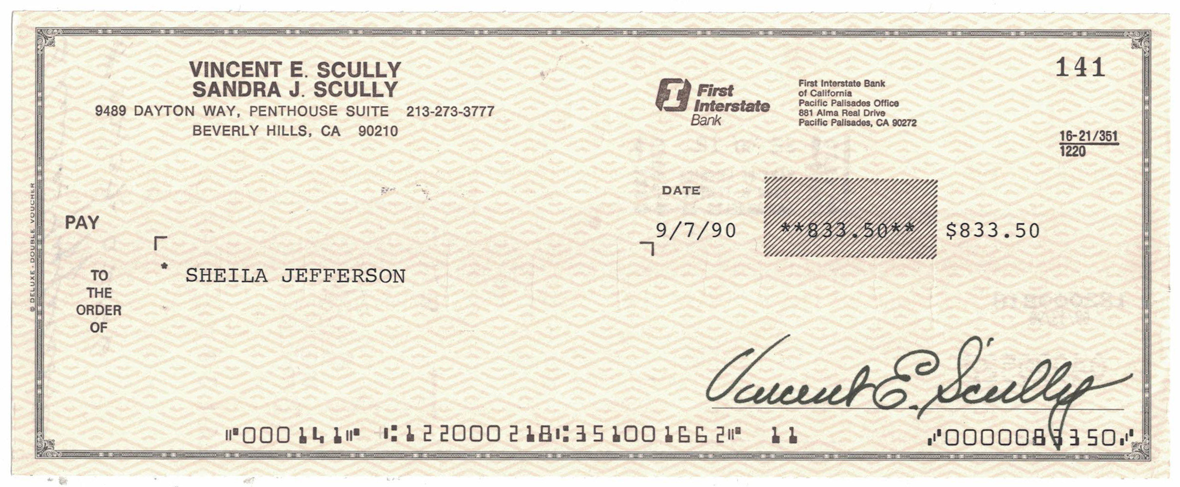 Vin Scully Signed 9/7/1990 First Interstate Bank Check