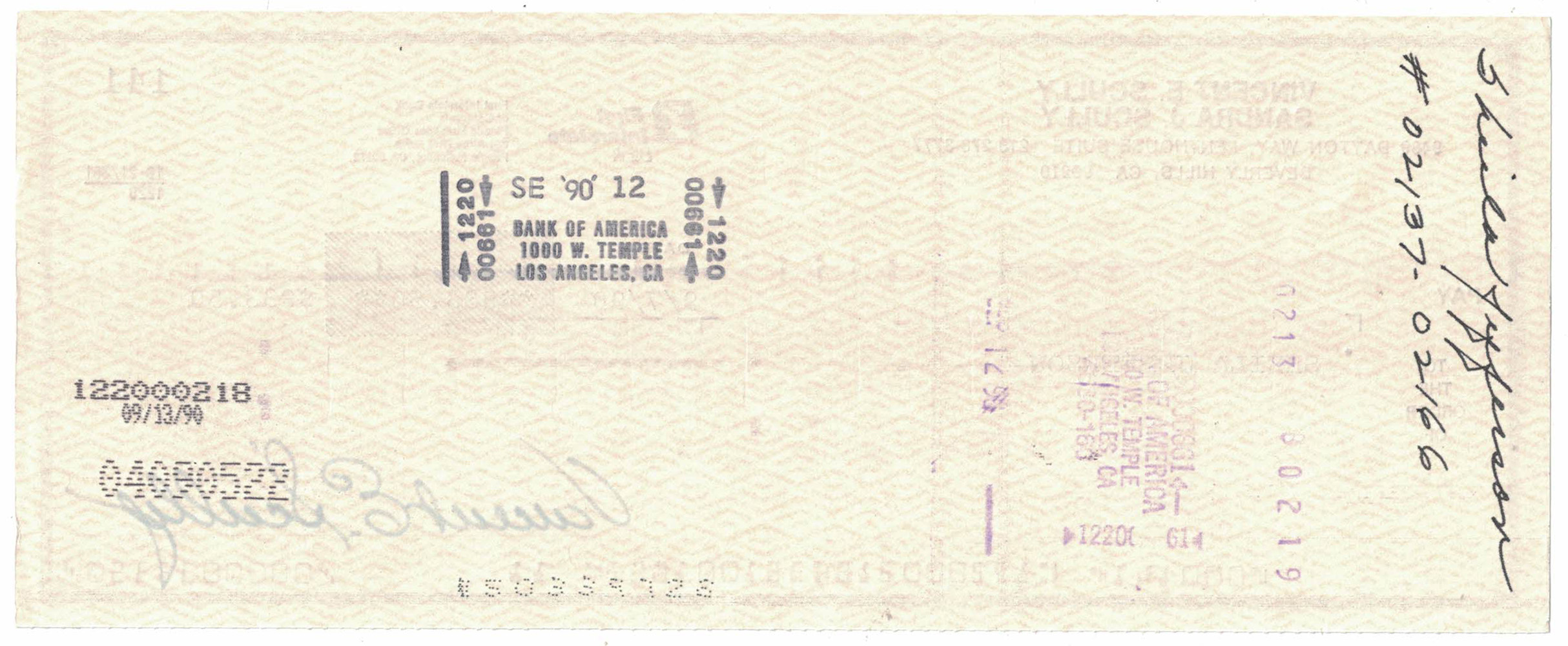 Vin Scully Signed 9/7/1990 First Interstate Bank Check