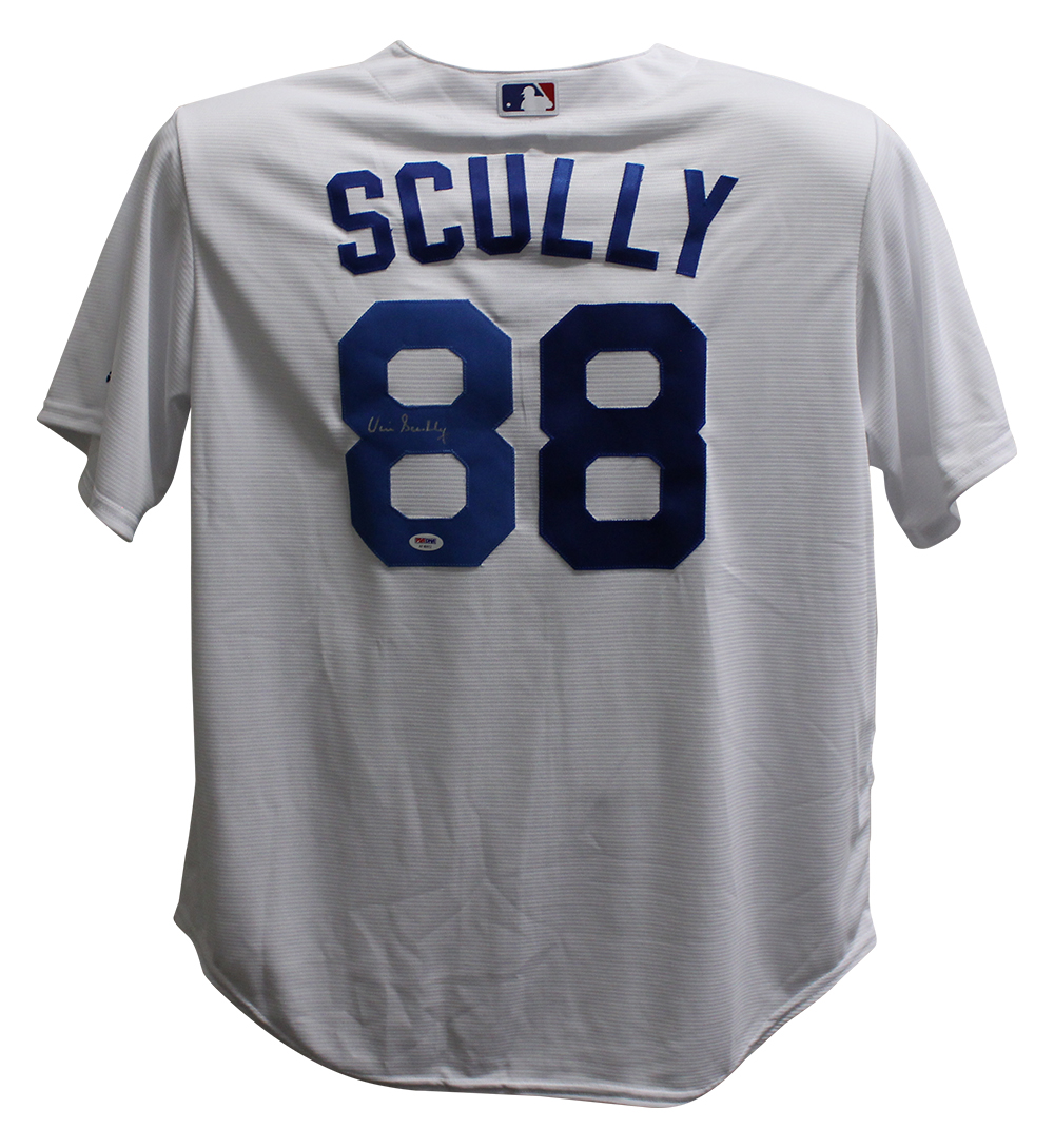 DenverAutographs VIN Scully Autographed Los Angeles Dodgers Majestic White XL Jersey PSA