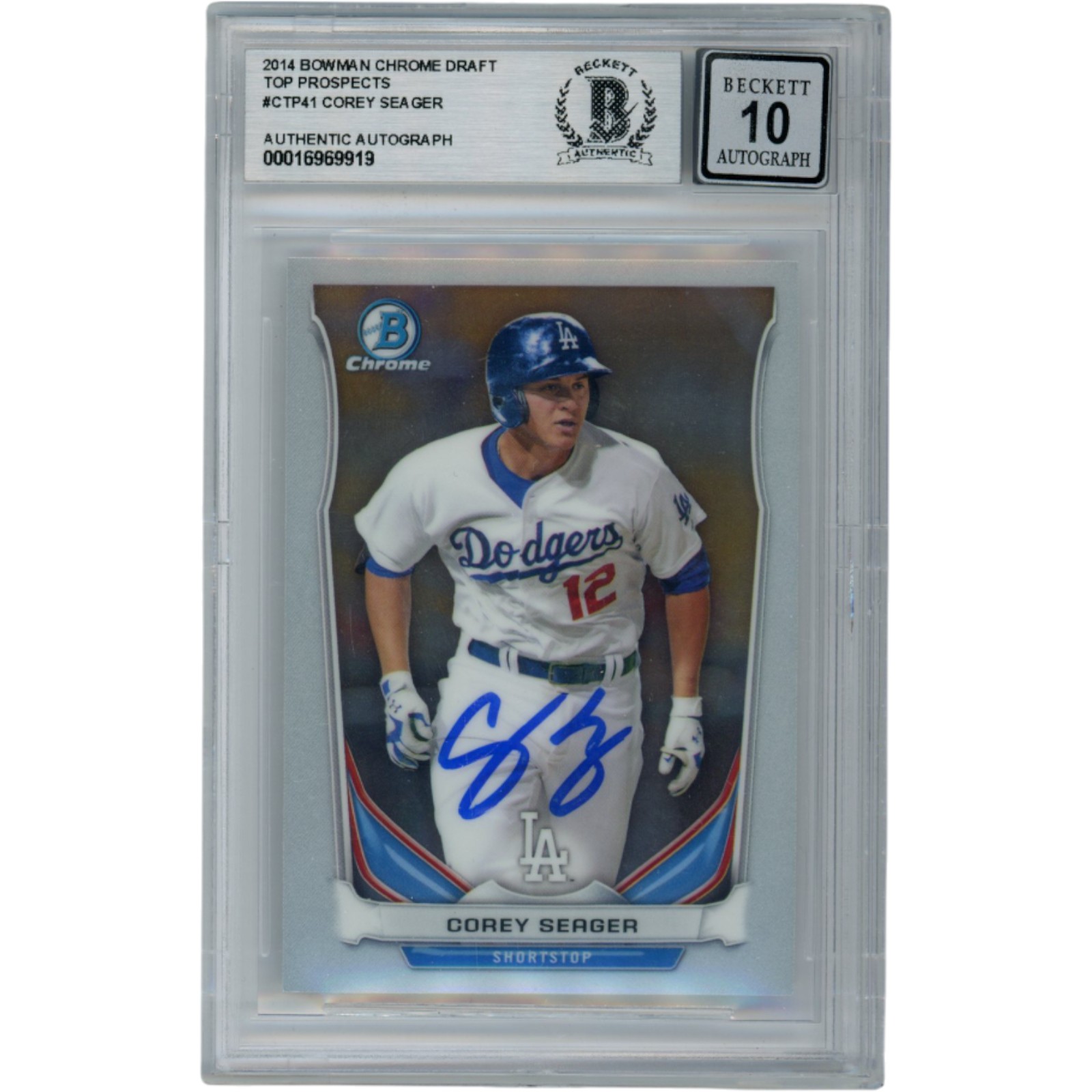 Corey Seager Autographed 2014 Bowman Chrome #CTTP41 Slabbed Card Beckett 54578