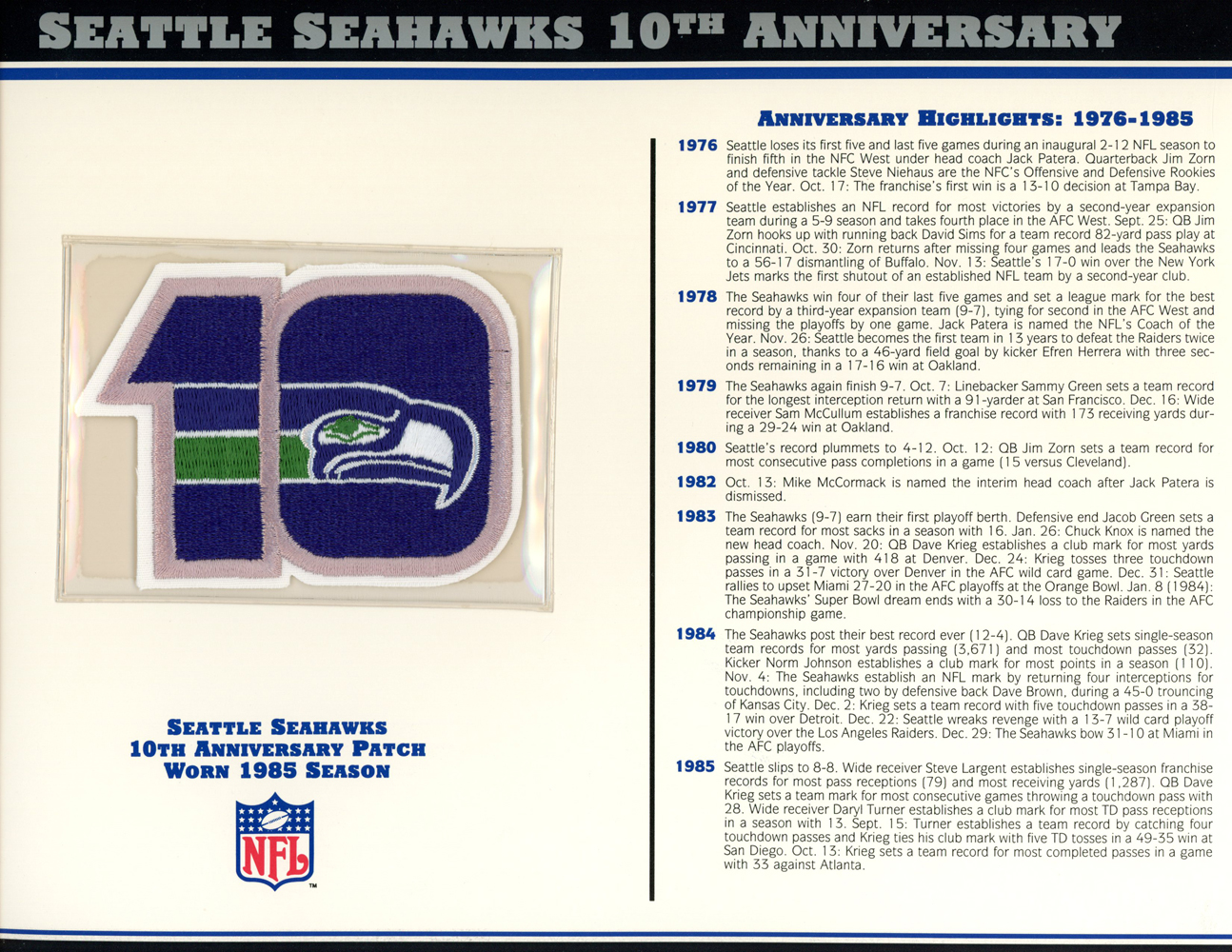Seattle Seahawks 10th Anniversary Patch Stat Card Official Willabee & Ward