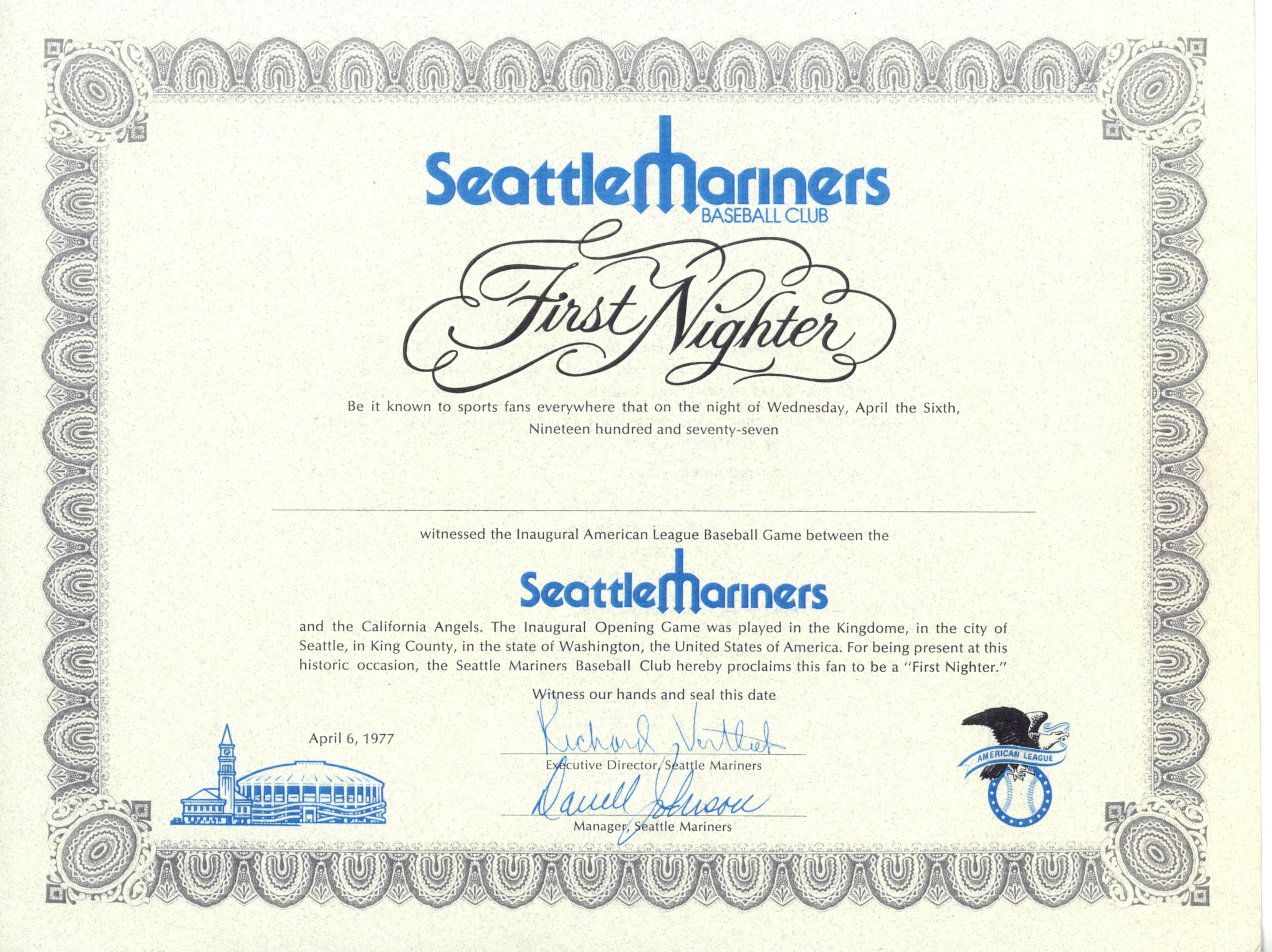 Seattle Mariners Inaugural First Nighter 04/06/1977 Certificate 56267