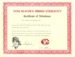 Cincinnati Reds Tom Seaver 3000th Strike Out 4/8/1981 Certificate 56274