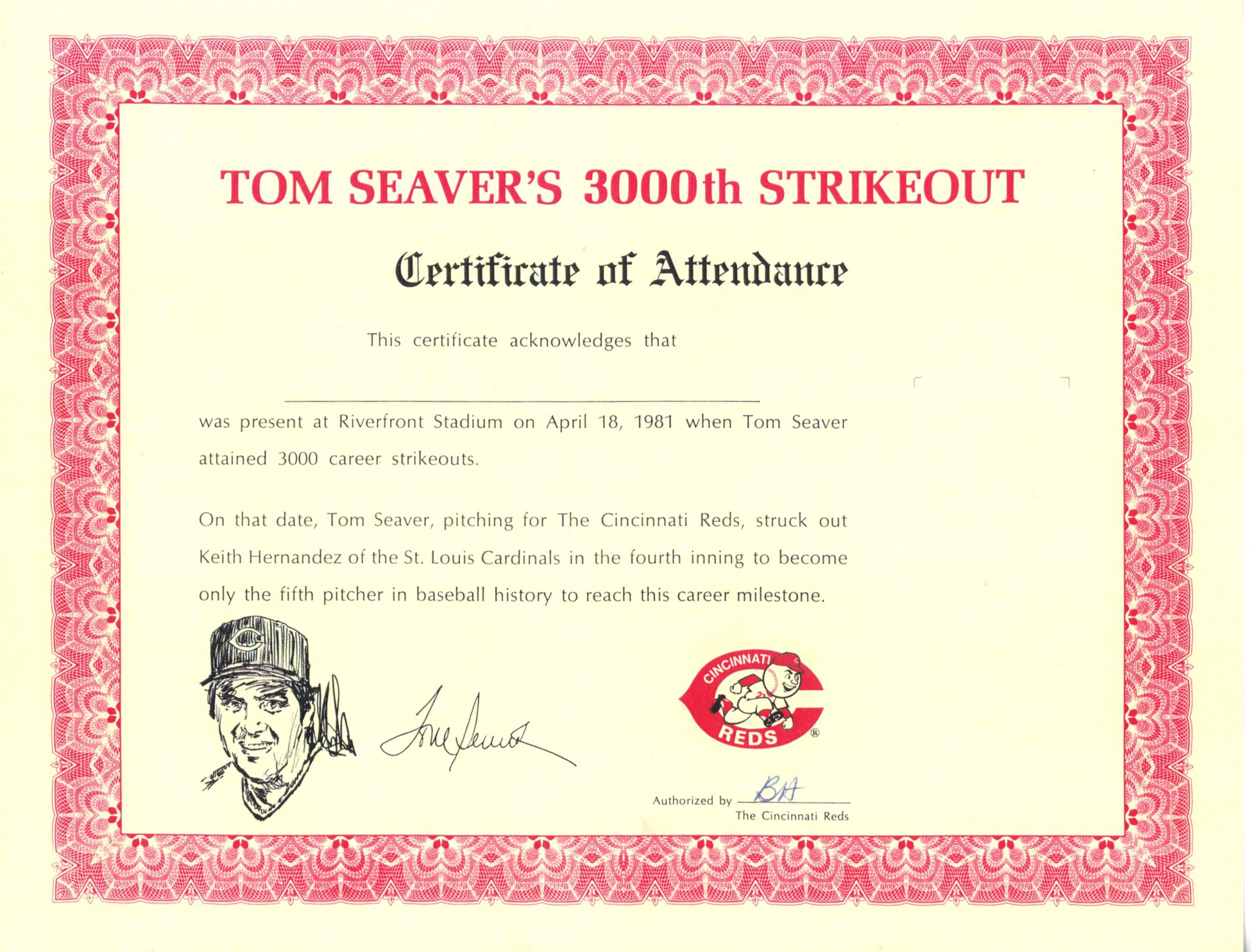 Cincinnati Reds Tom Seaver 3000th Strike Out 4/8/1981 Certificate 56274
